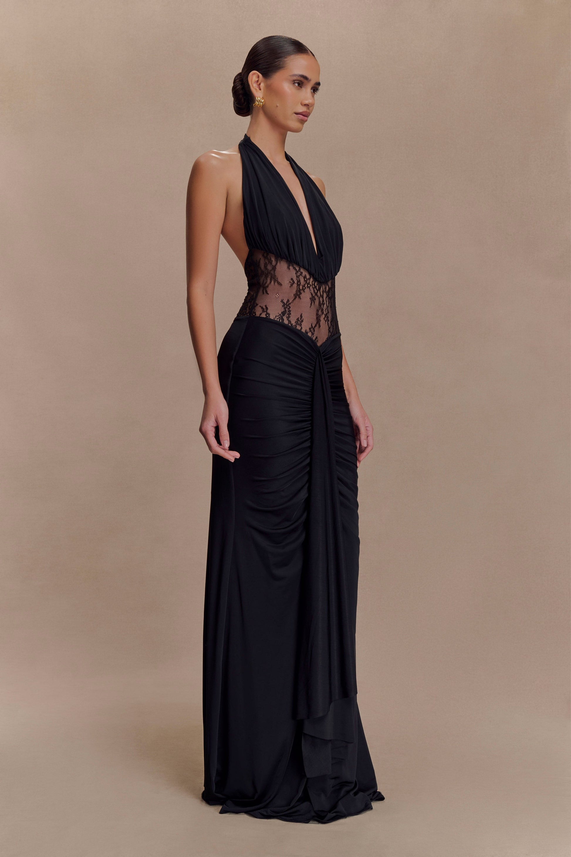 Bonnie Slinky And Lace Maxi Dress / Black | MESHKI