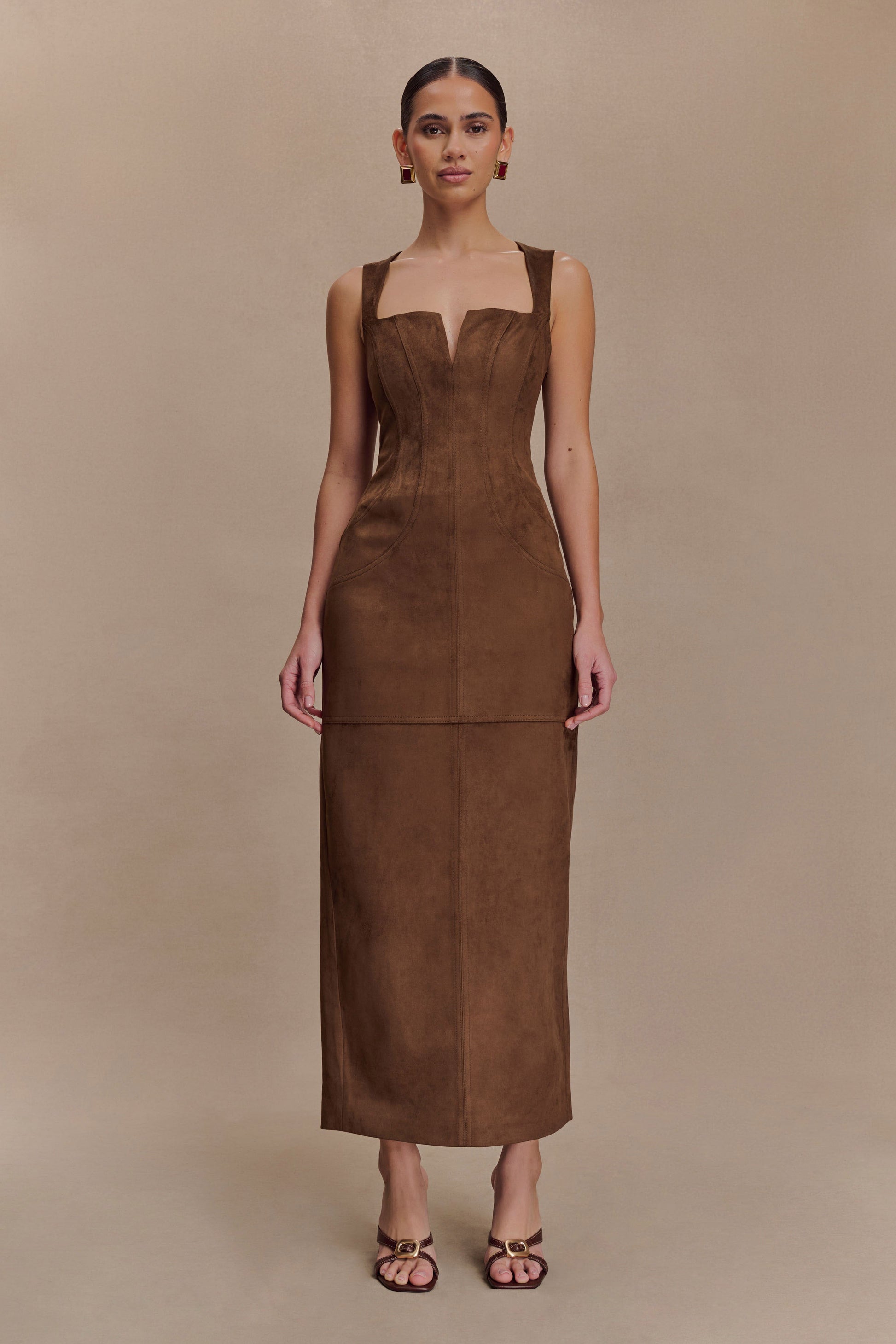 Liam Faux Suede Maxi Dress / Dark Chocolate | MESHKI | XS Liam Faux Suede Maxi Dress / Dark Chocolate | MESHKI | XS