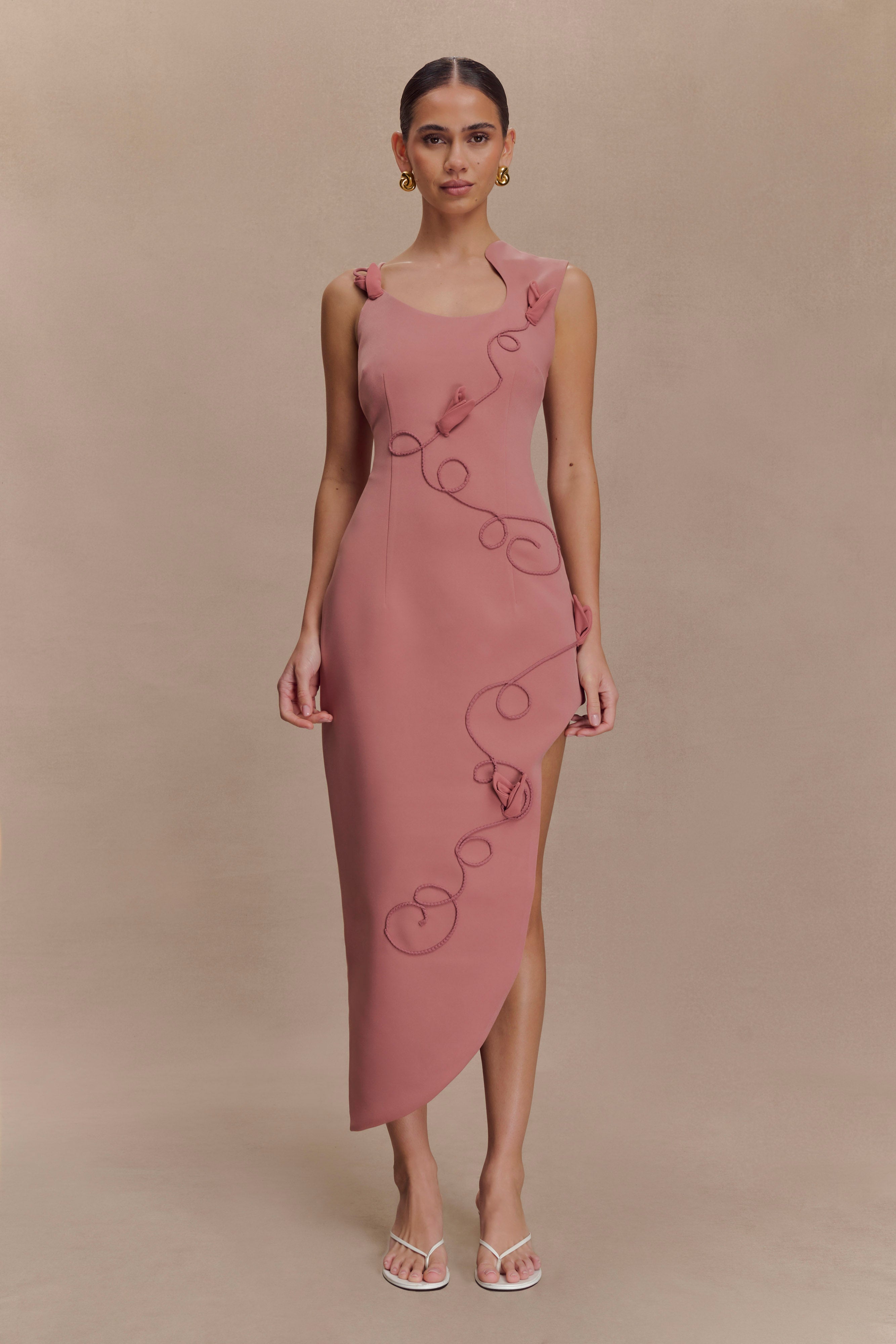 Virginia Suiting Embroidered Midi Dress - Burnt Rose | MESHKI US