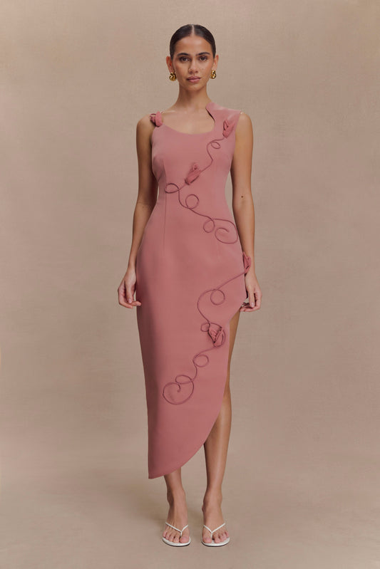 birthday midi dress Hot Pink 3D Lace V-neck Puff Sleeve Midi Birthday Dress