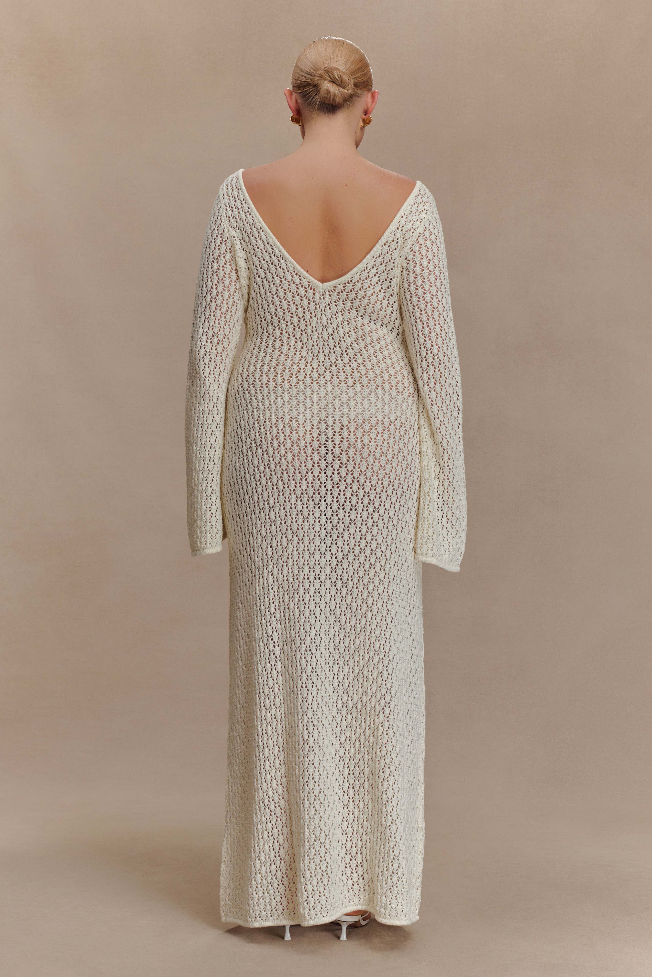 Kayleigh Crochet Fishtail Flare Sleeve Maxi Dress - White | MESHKI US