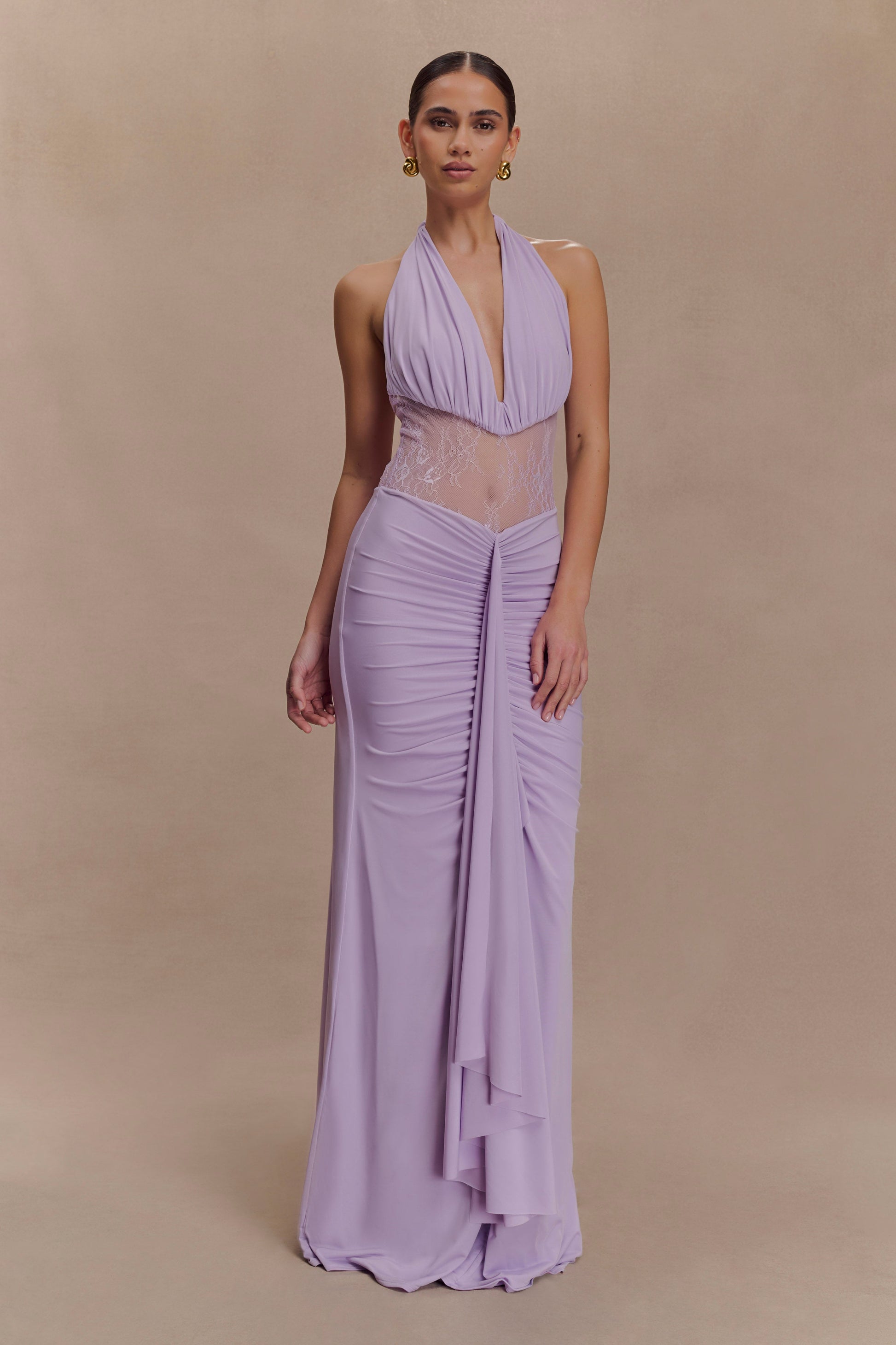 Bonnie Slinky And Lace Maxi Dress / Lilac | MESHKI | XXS Bonnie Slinky And Lace Maxi Dress / Lilac | MESHKI | XXS