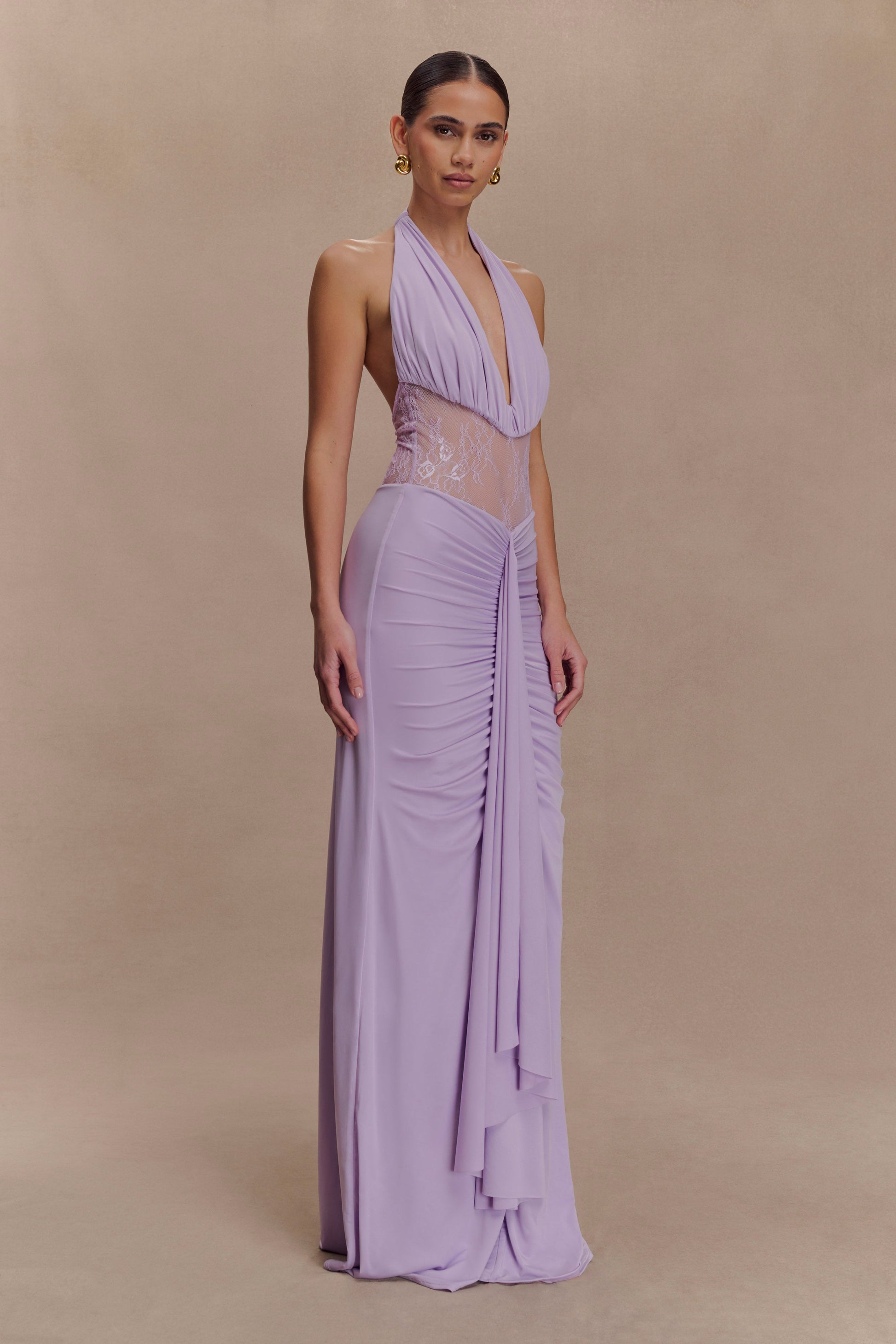 Bonnie Slinky And Lace Maxi Dress / Lilac | MESHKI | XXS Bonnie Slinky And Lace Maxi Dress / Lilac | MESHKI | XXS