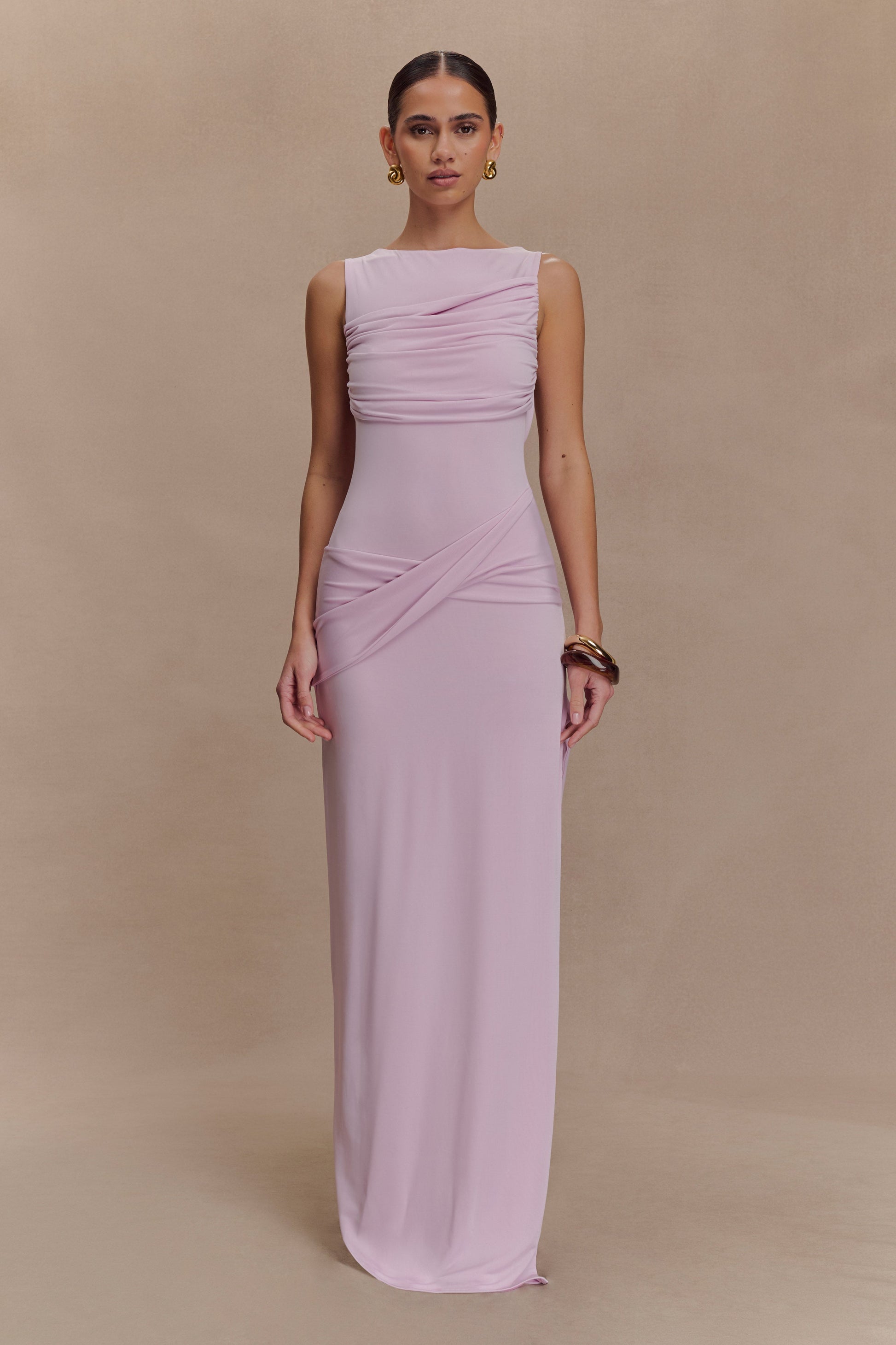 Henley Slinky Drape Maxi Dress - Baby Pink | MESHKI US Henley Slinky Drape Maxi Dress - Baby Pink | MESHKI US