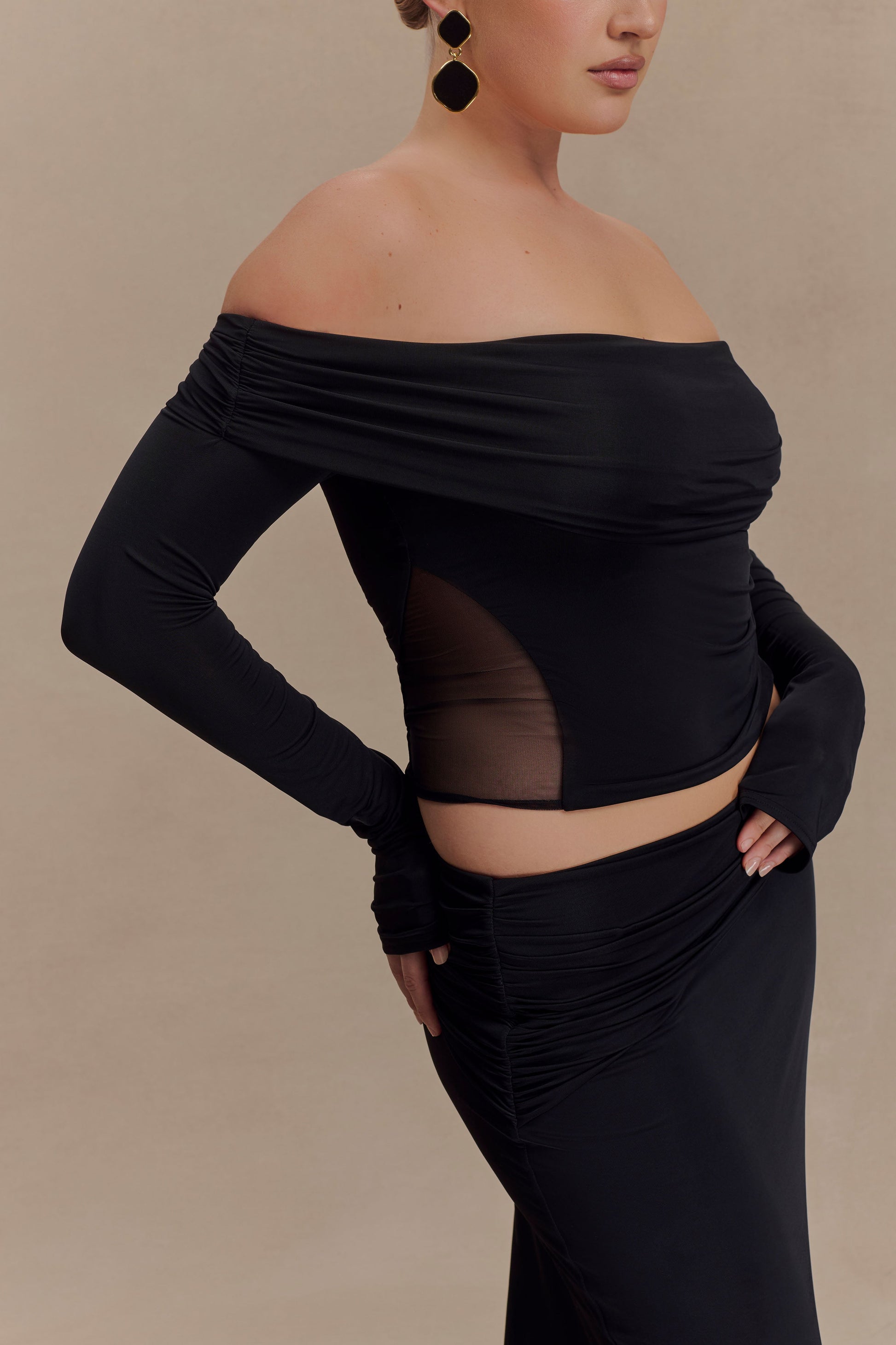Judy Slinky And Mesh Off Shoulder Top - Black #8