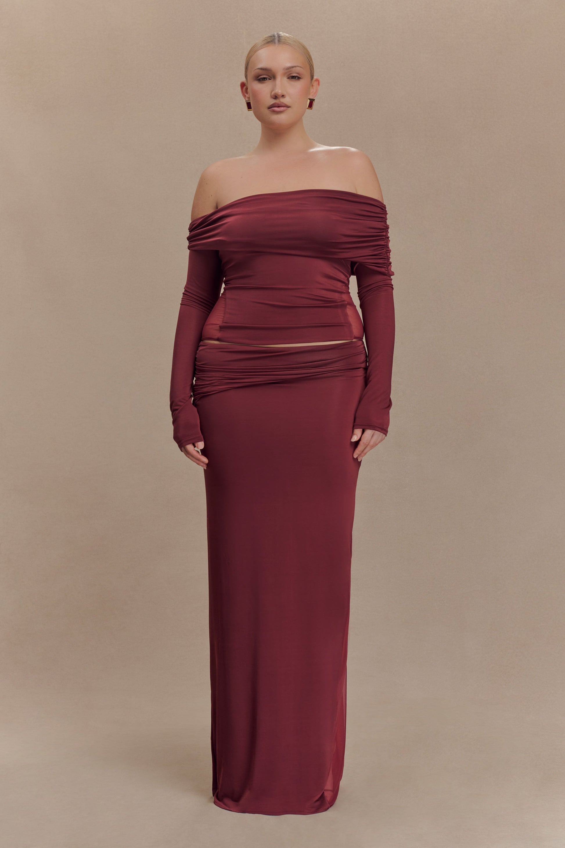 Judy Slinky And Mesh Off Shoulder Top - Wine | MESHKI US Judy Slinky And Mesh Off Shoulder Top - Wine | MESHKI US