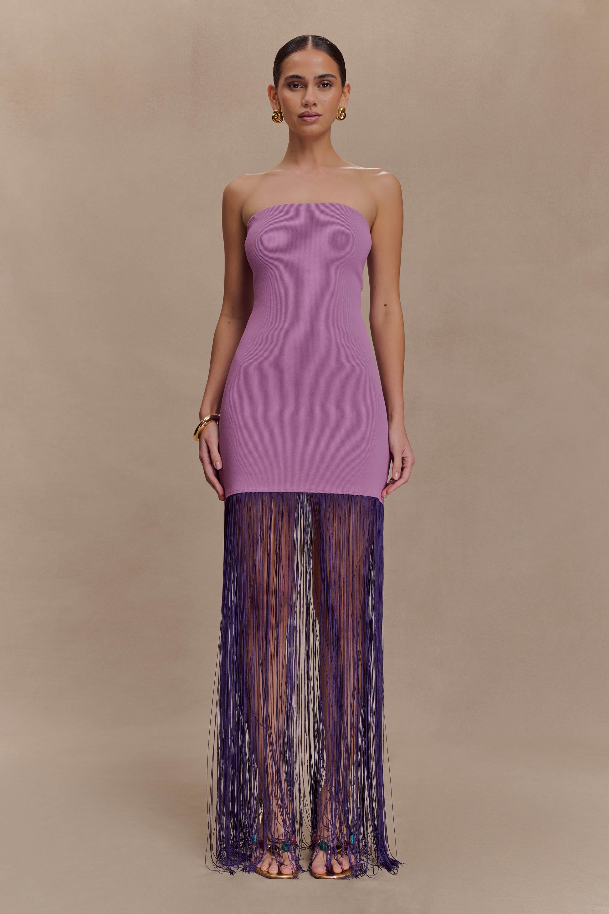 Koah Fringe Bandage Knit Maxi Dress / Purple | Meshki | Xs Koah Fringe Bandage Knit Maxi Dress / Purple | Meshki | Xs