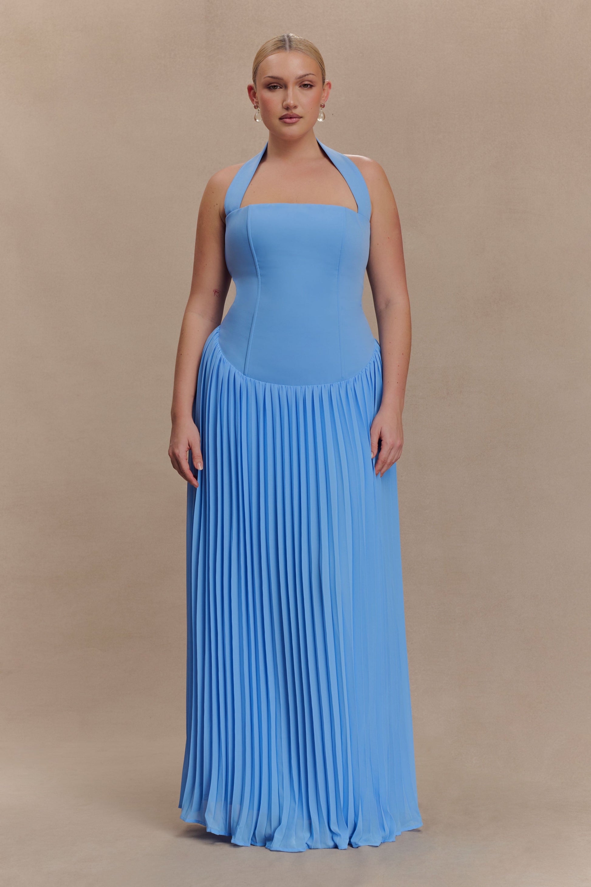 plus size blue maxi dress Lace Detail Tie Neck Short Sleeve Made to stun Stacie Pleated Halter Maxi Dress