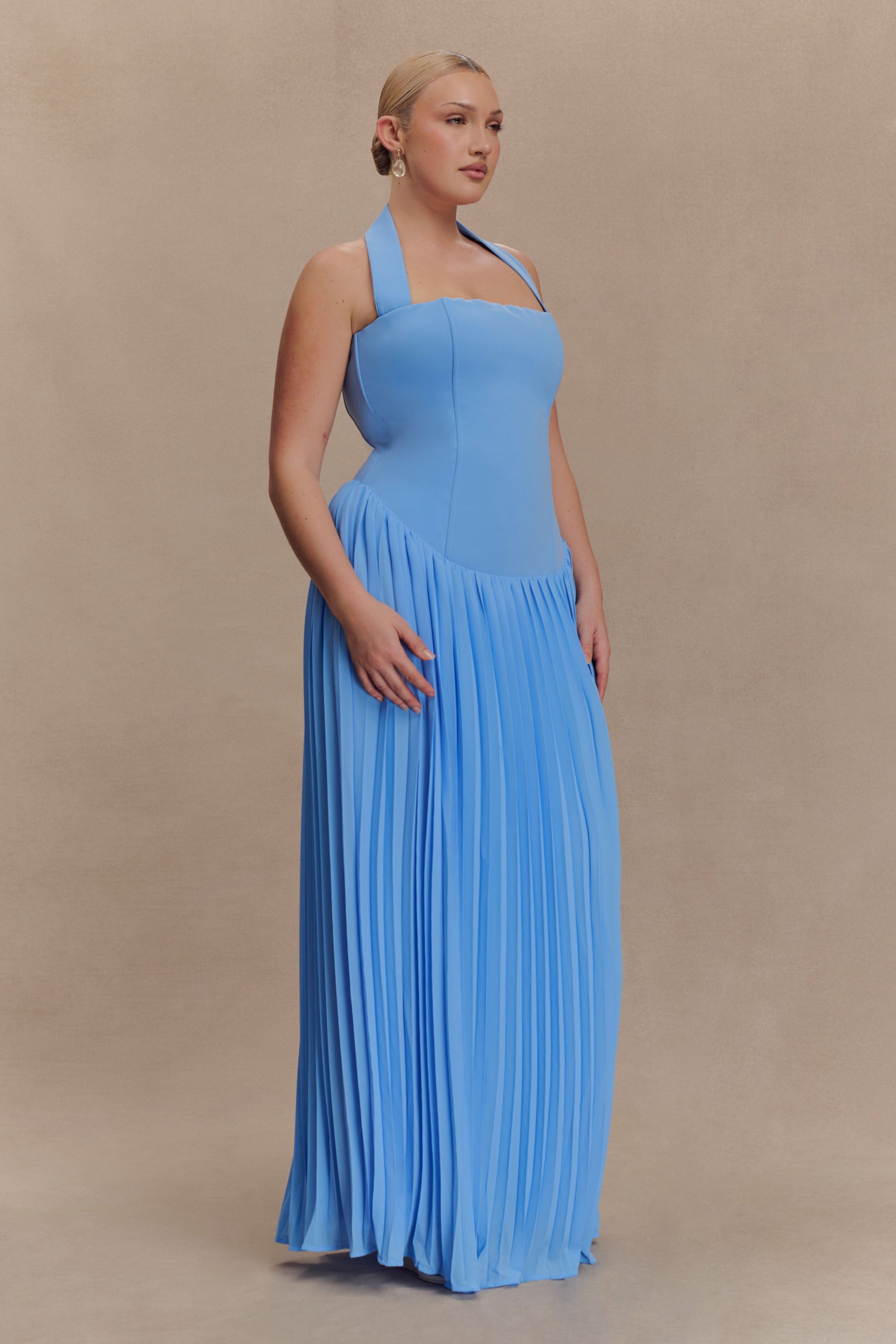 Stacie Pleated Halter Maxi Dress / Bright Blue | MESHKI | S Stacie Pleated Halter Maxi Dress / Bright Blue | MESHKI | S