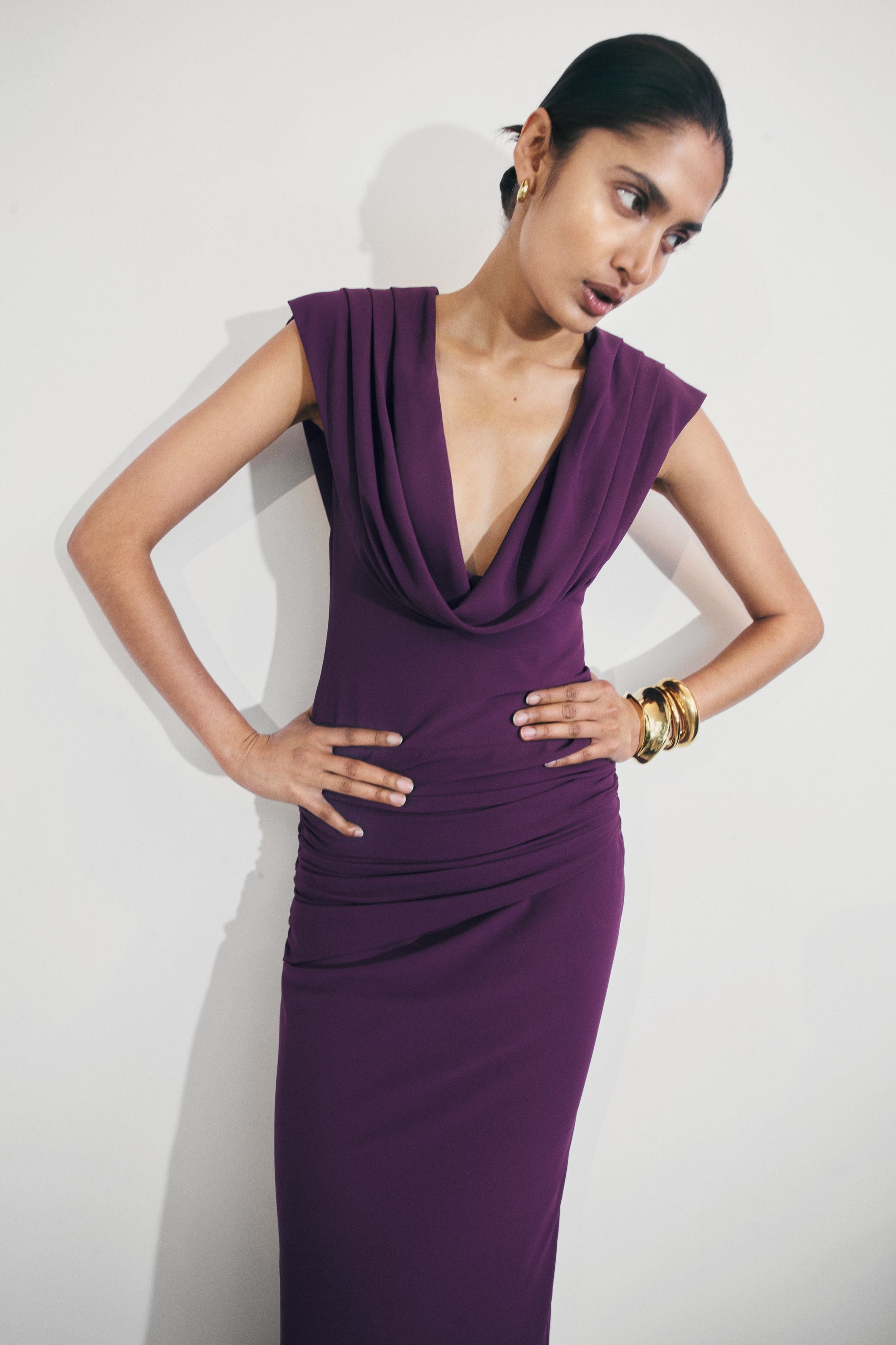 meshki purple dress Giulia Chiffon Draped Maxi Dress - Purple