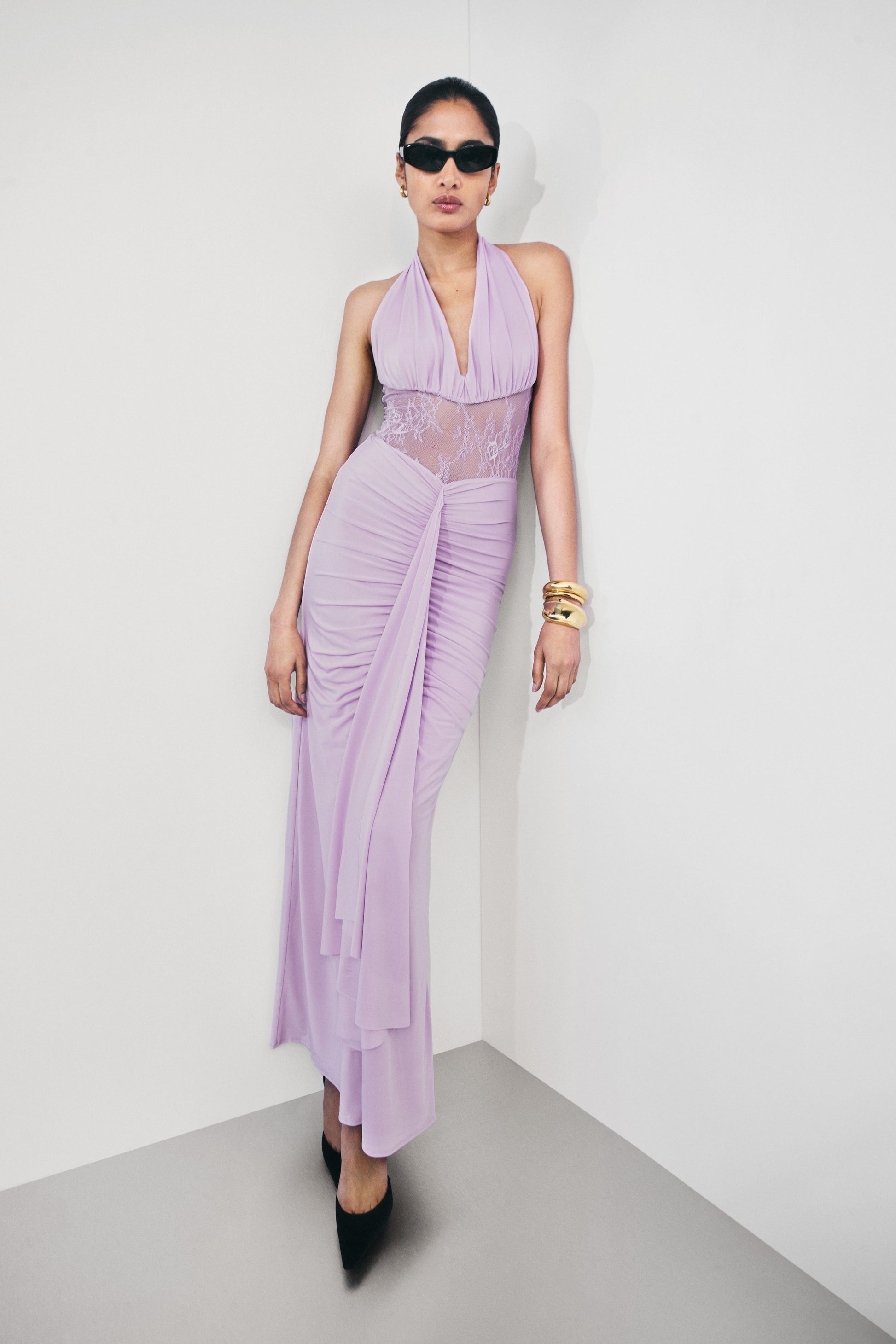 Bonnie Slinky And Lace Maxi Dress / Lilac | MESHKI | XXS Bonnie Slinky And Lace Maxi Dress / Lilac | MESHKI | XXS