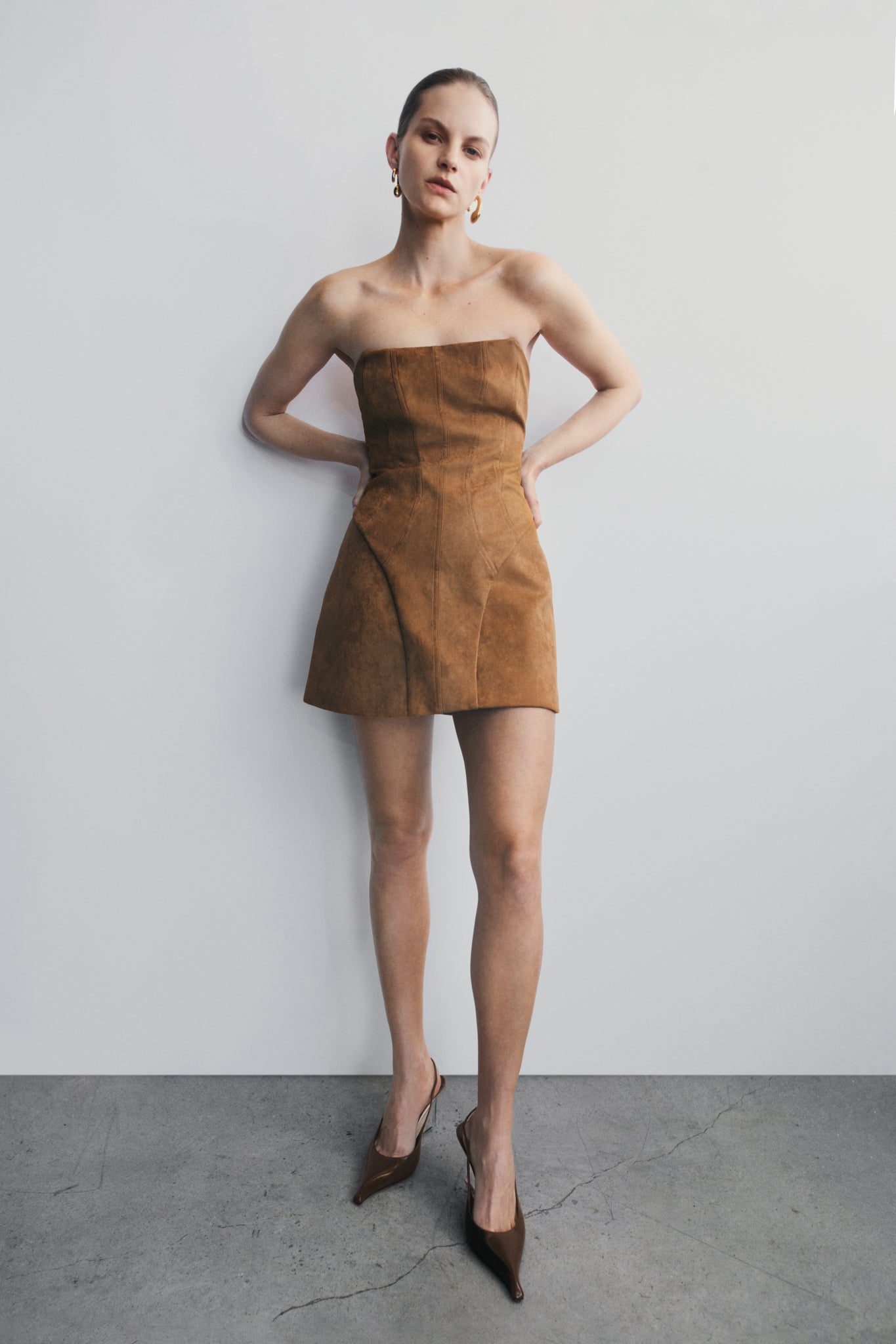 Andy Faux Suede Mini Dress / Camel | MESHKI | S Andy Faux Suede Mini Dress / Camel | MESHKI | S