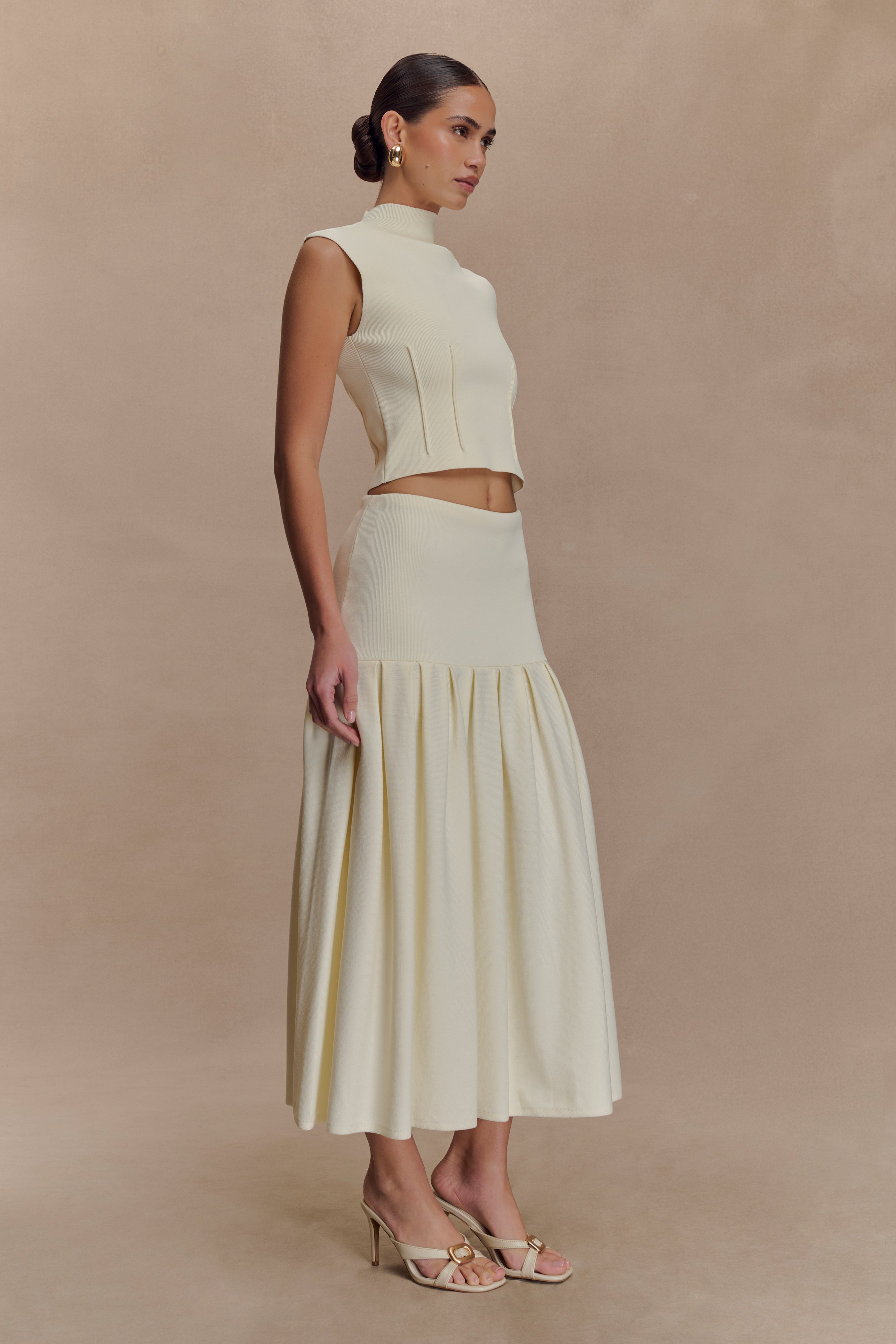 Romaine High Neck Bandage Knit Top - Ivory | MESHKI US
