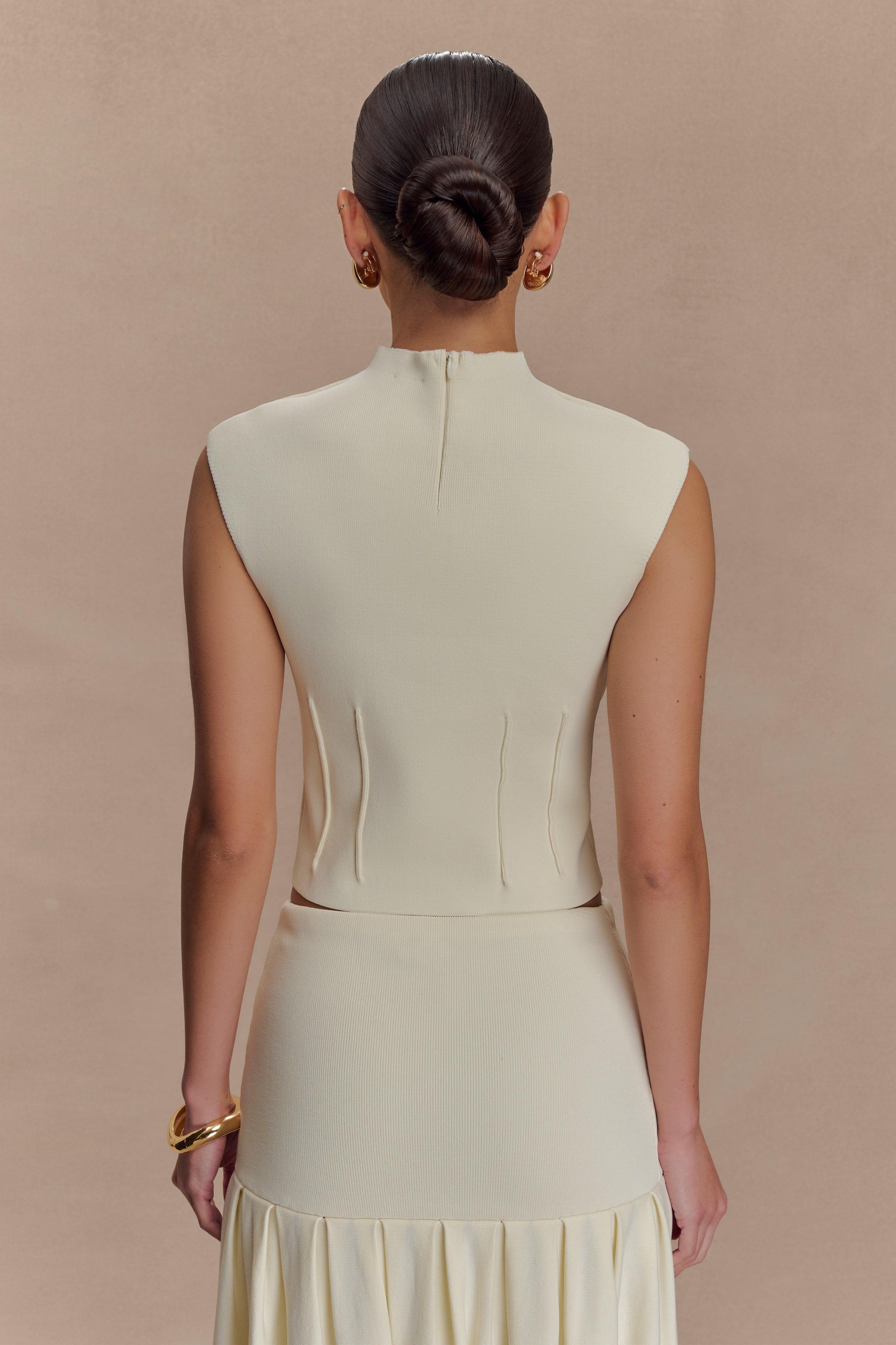 Romaine High Neck Bandage Knit Top - Ivory | MESHKI US