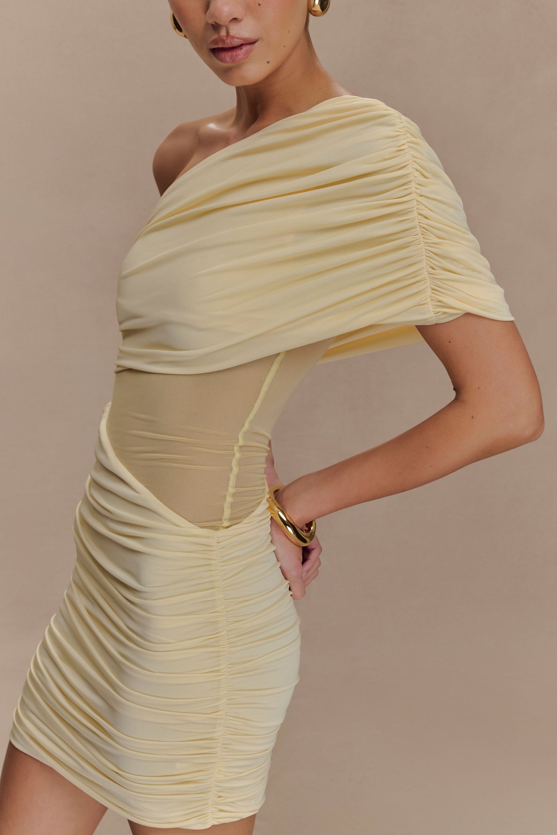 Dallas One Shoulder Mesh Mini Dress - Lemon | MESHKI US Dallas One Shoulder Mesh Mini Dress - Lemon | MESHKI US