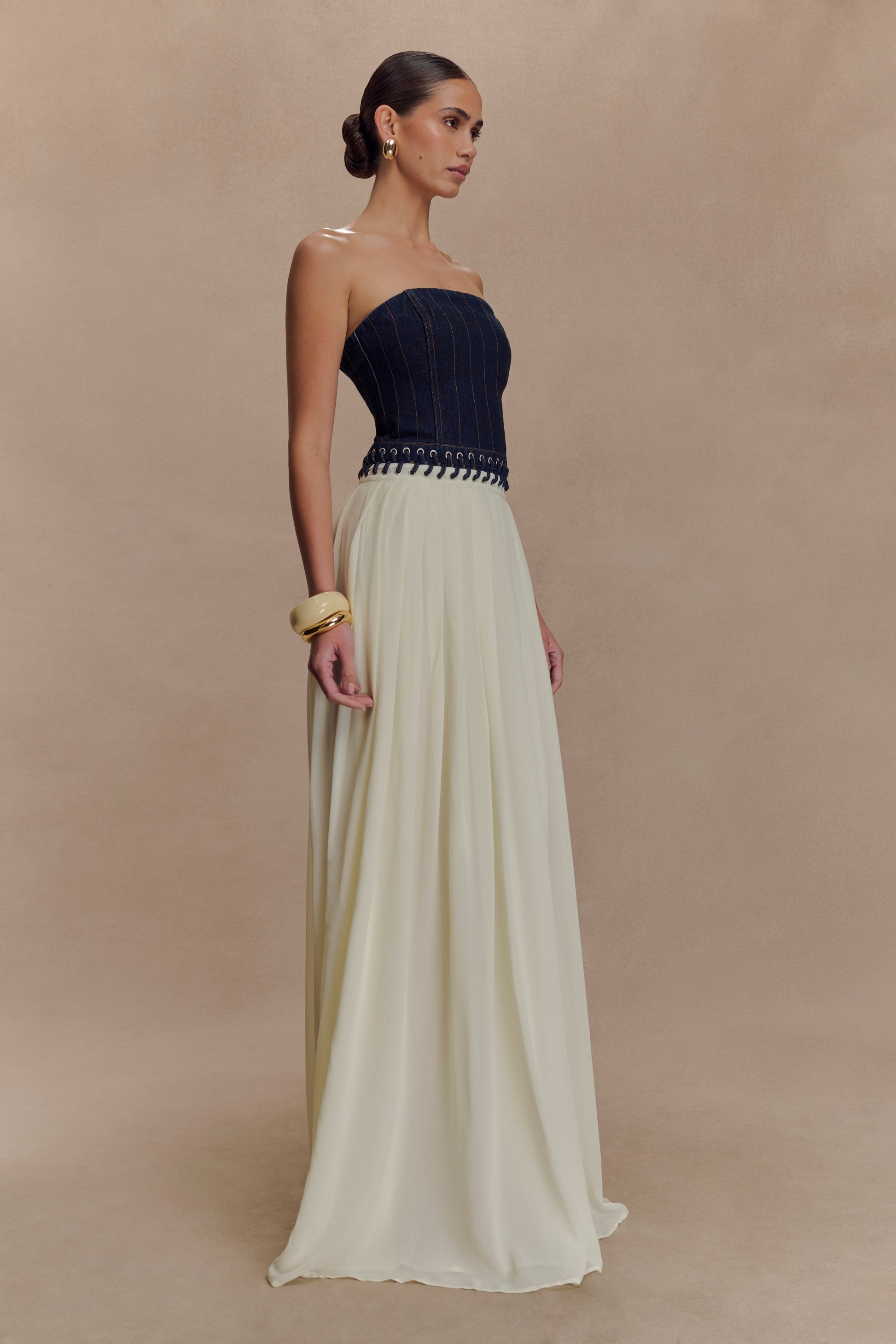 Suella Chiffon Denim Maxi Dress / Indigo Blue | MESHKI Suella Chiffon Denim Maxi Dress / Indigo Blue | MESHKI