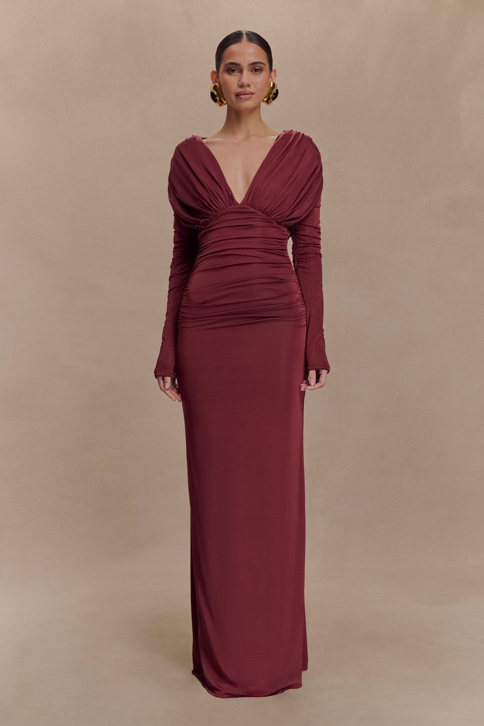 fitted lace wedding dress Hayden Long Sleeve Plunge Maxi Dress - Wine fitted lace wedding dress Hayden Long Sleeve Plunge Maxi Dress - Wine