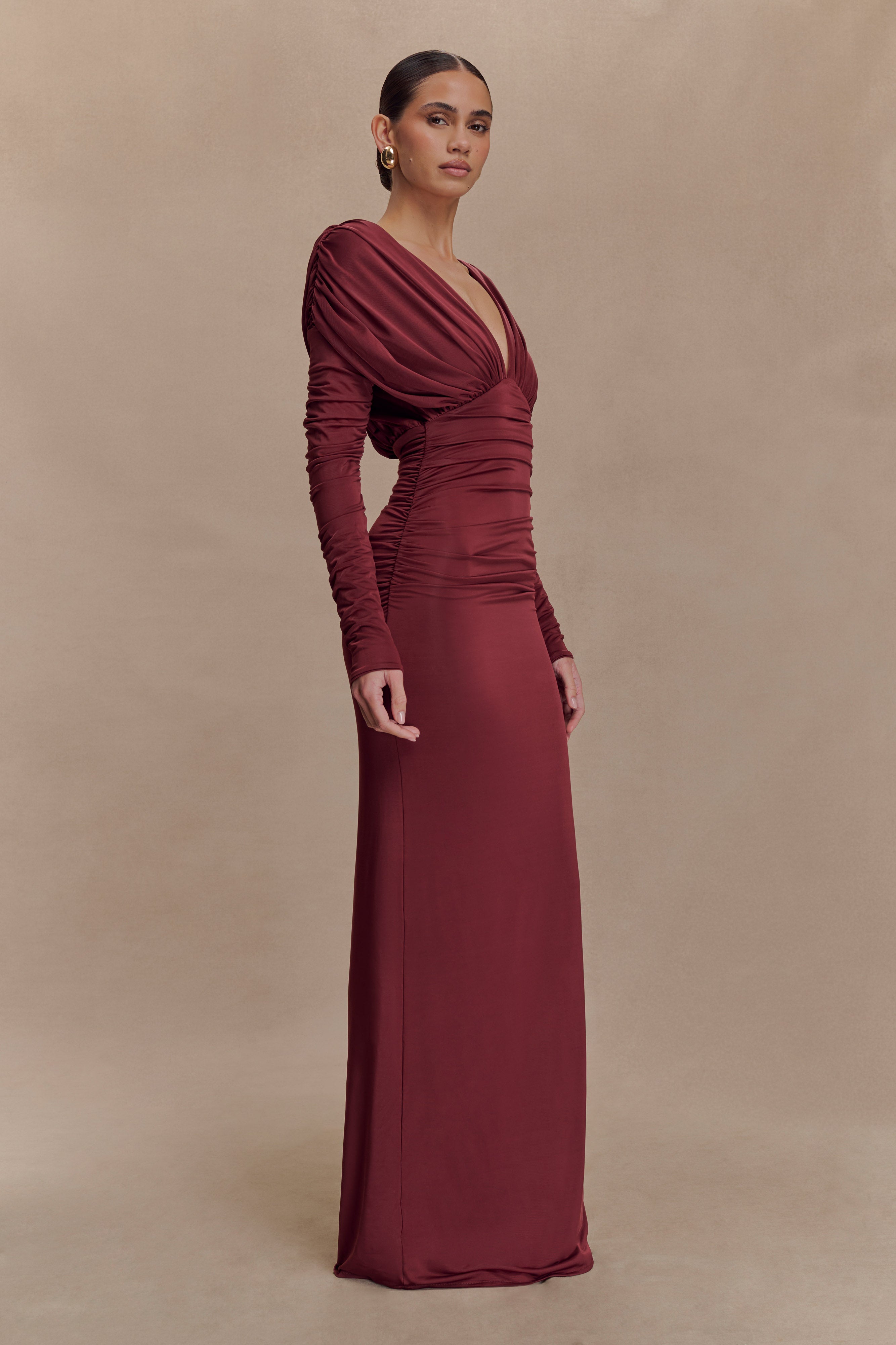 Maxi Dress Long Sleeve Dip Hem Dress Hayden Long Sleeve Plunge Maxi Dress Wine MESHKI US Maxi Dress Long Sleeve Dip Hem Dress Hayden Long Sleeve Plunge Maxi Dress Wine MESHKI US