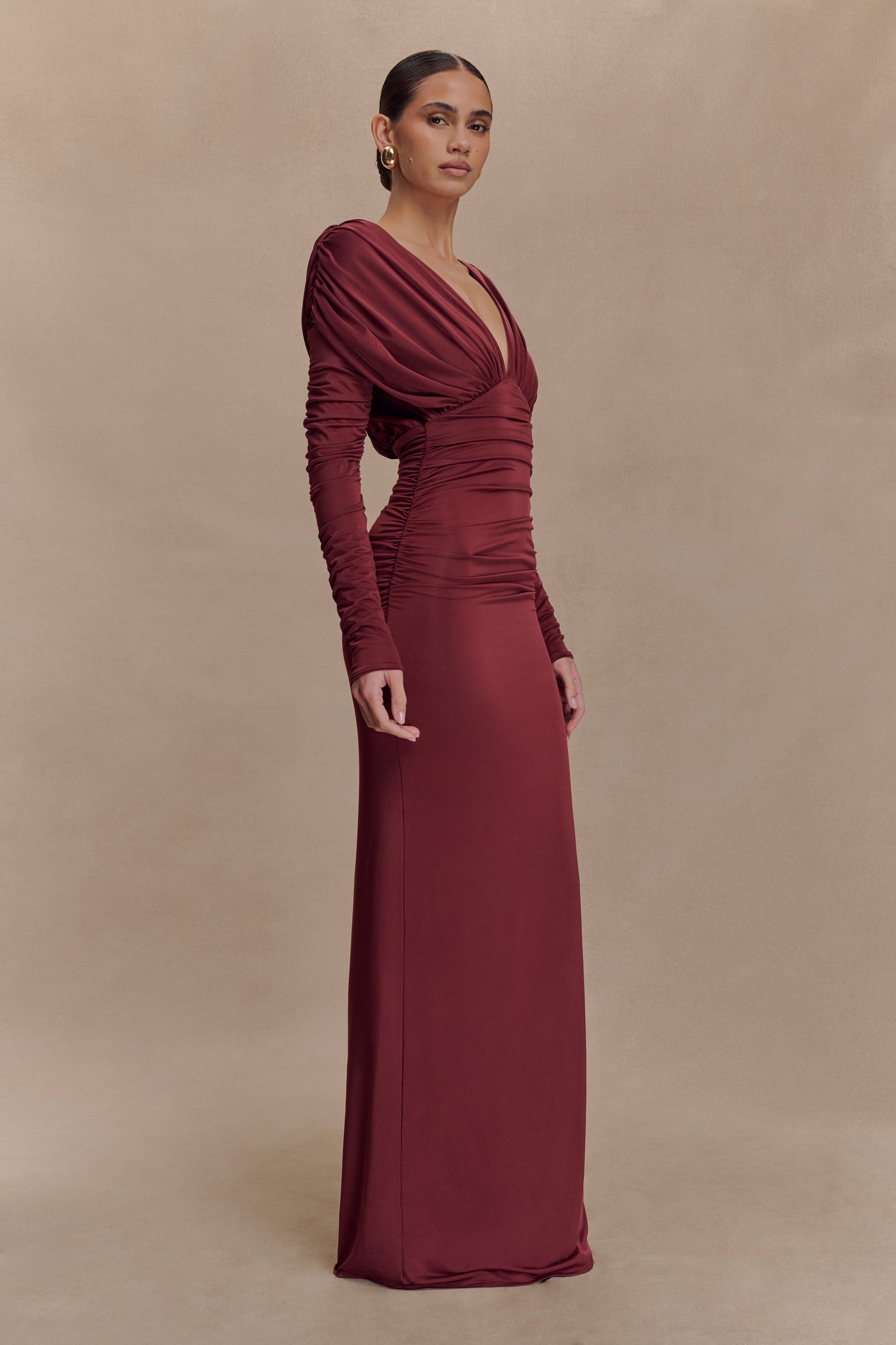 Hayden Long Sleeve Plunge Maxi Dress / Wine | Meshki | XXS Hayden Long Sleeve Plunge Maxi Dress / Wine | Meshki | XXS