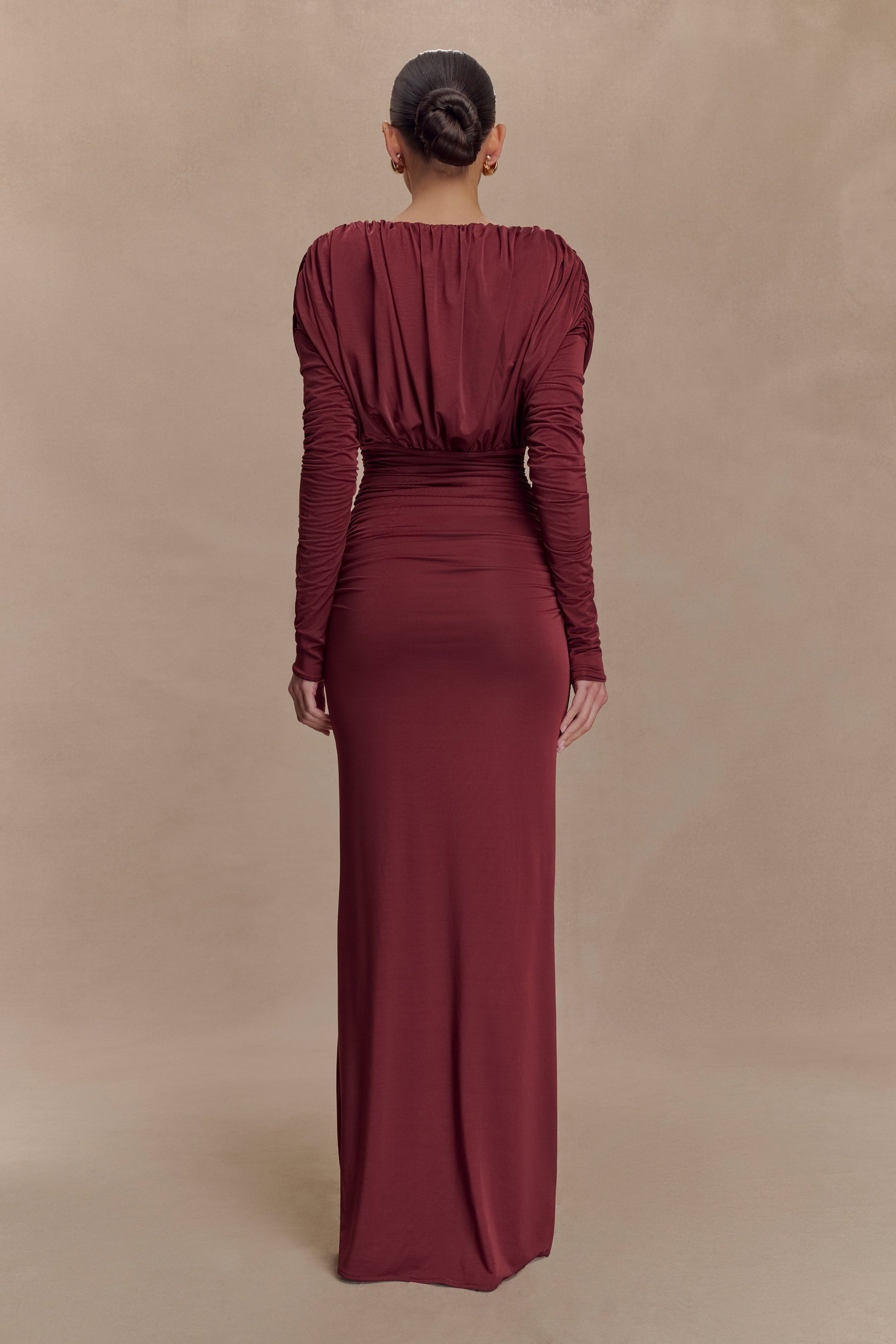 Hayden Long Sleeve Plunge Maxi Dress / Wine | MESHKI | XXS Hayden Long Sleeve Plunge Maxi Dress / Wine | MESHKI | XXS