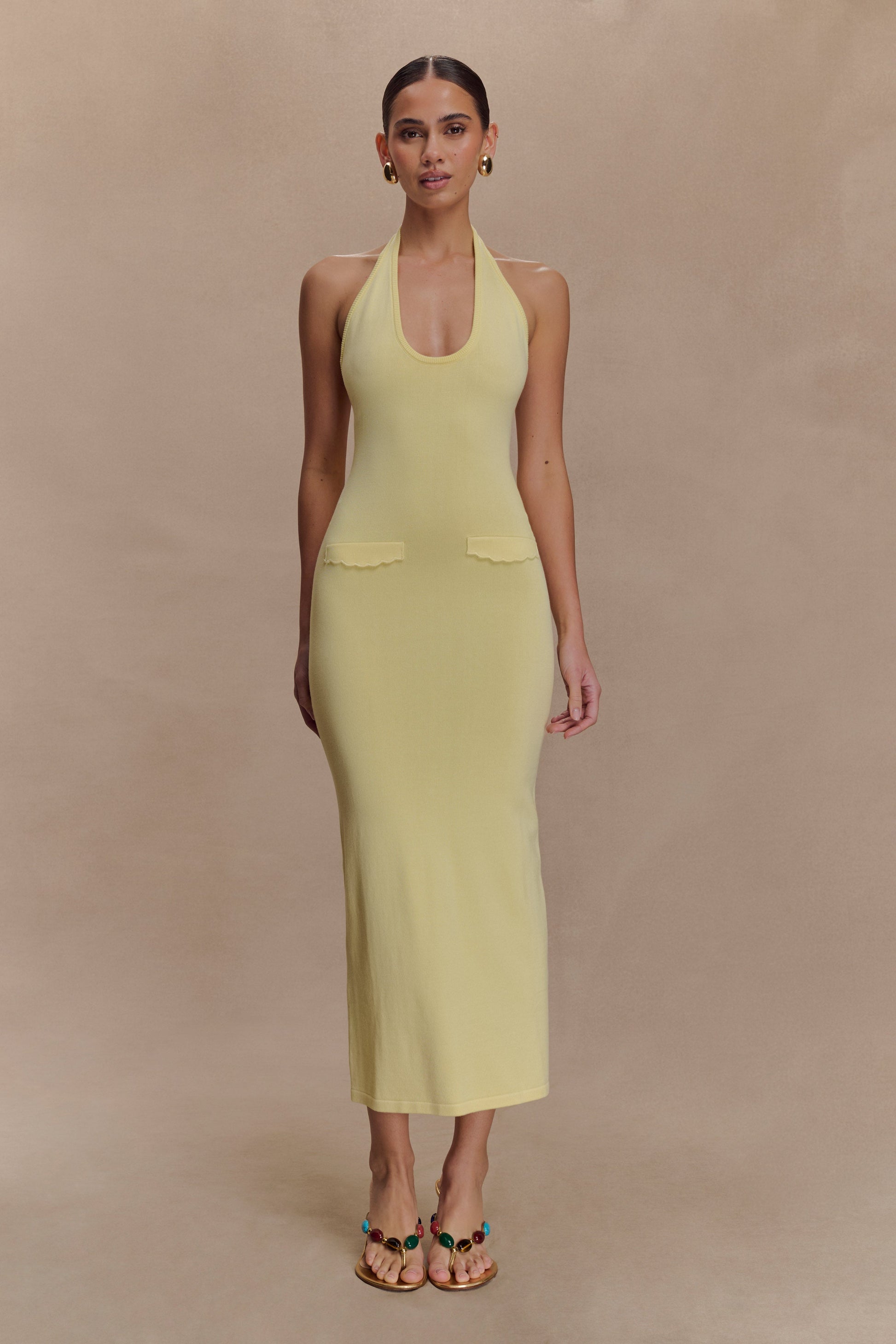 Ovina Halter Neck Knit Midi Dress / Lemon | MESHKI | XXL Ovina Halter Neck Knit Midi Dress / Lemon | MESHKI | XXL