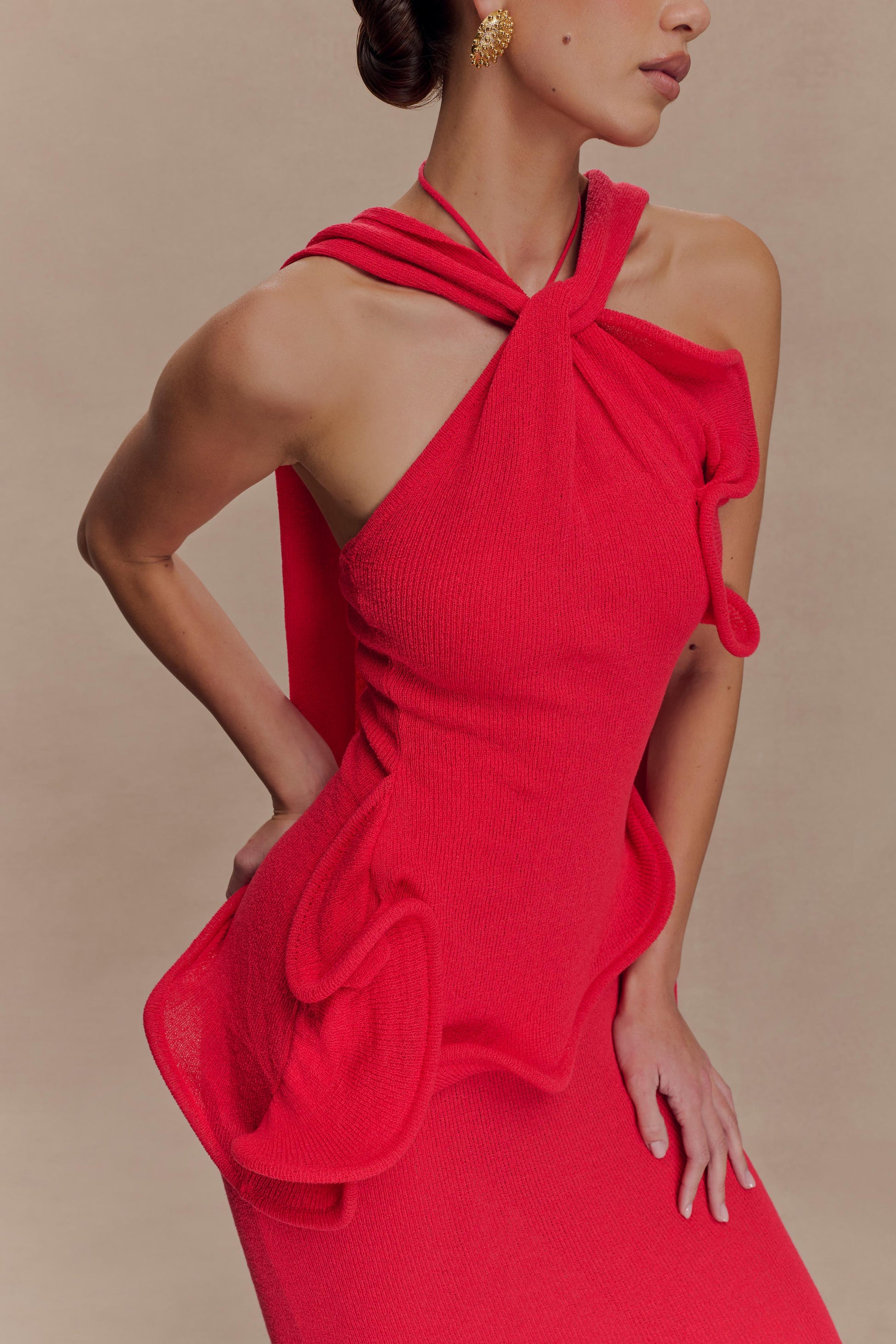 Caprice Halter Knit Maxi Dress - Red | MESHKI US Caprice Halter Knit Maxi Dress - Red | MESHKI US
