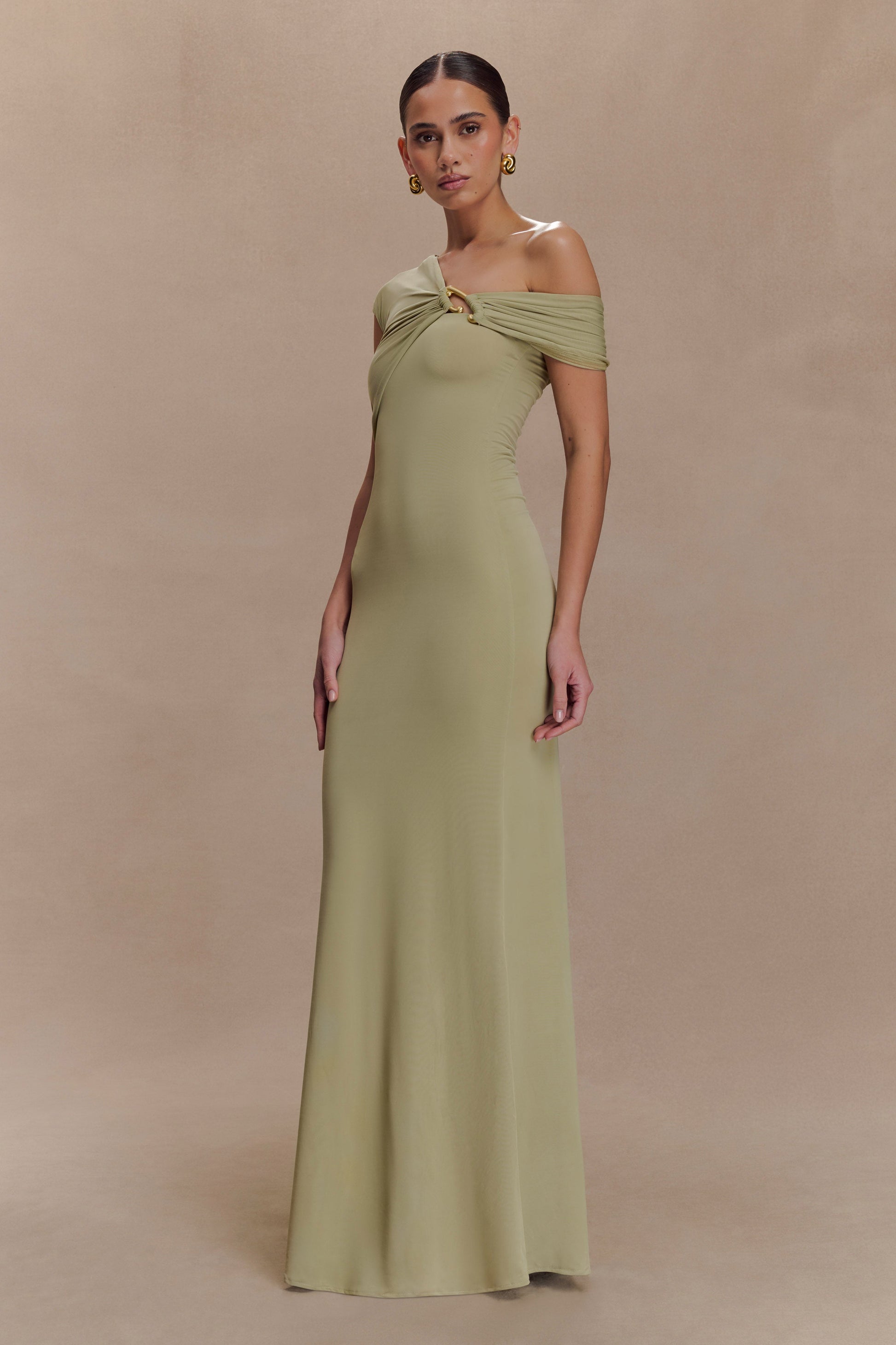 Ashford Asymmetrical Slinky Maxi Dress - Sage | MESHKI US Ashford Asymmetrical Slinky Maxi Dress - Sage | MESHKI US