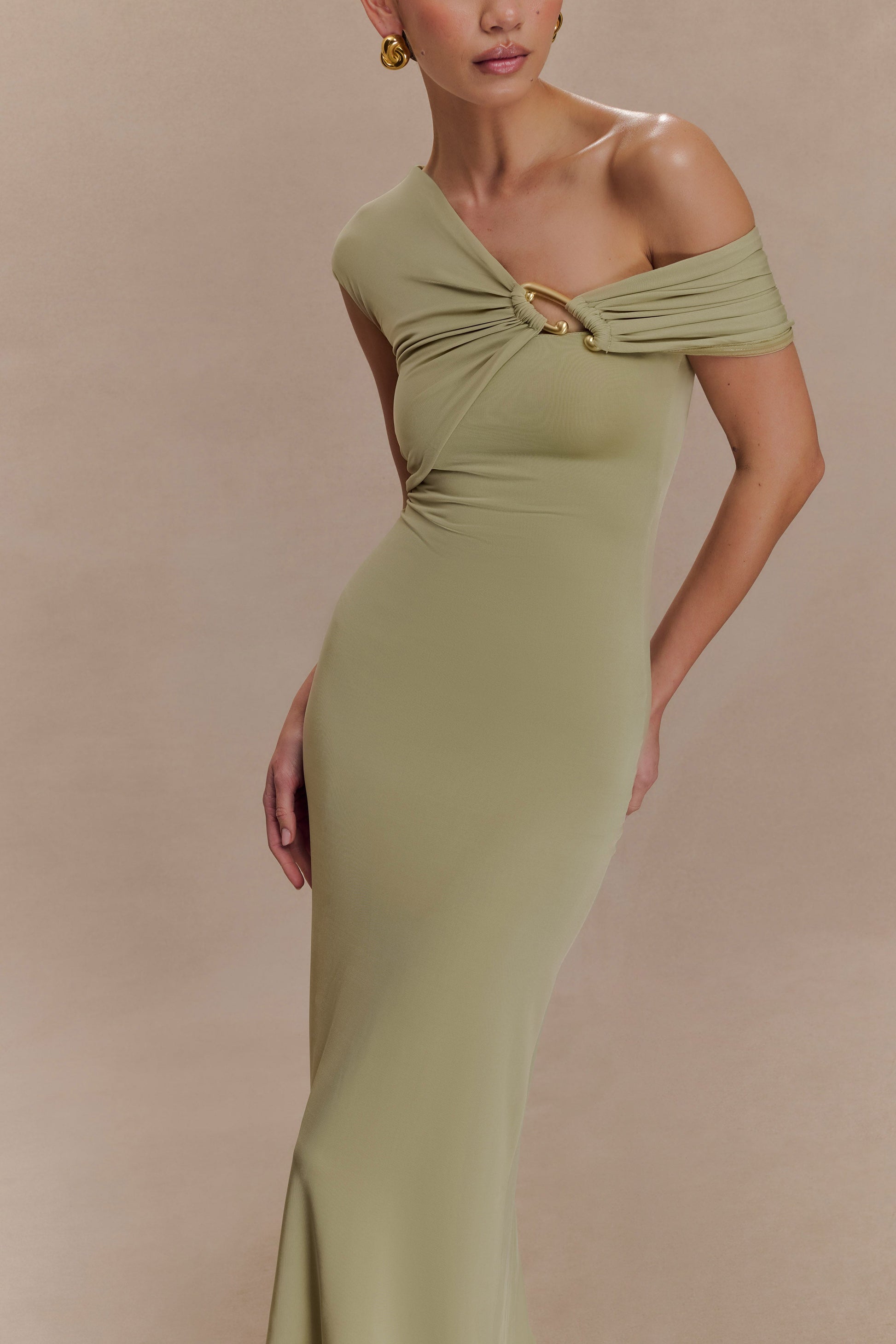Ashford Asymmetrical Slinky Maxi Dress - Sage | MESHKI US Ashford Asymmetrical Slinky Maxi Dress - Sage | MESHKI US