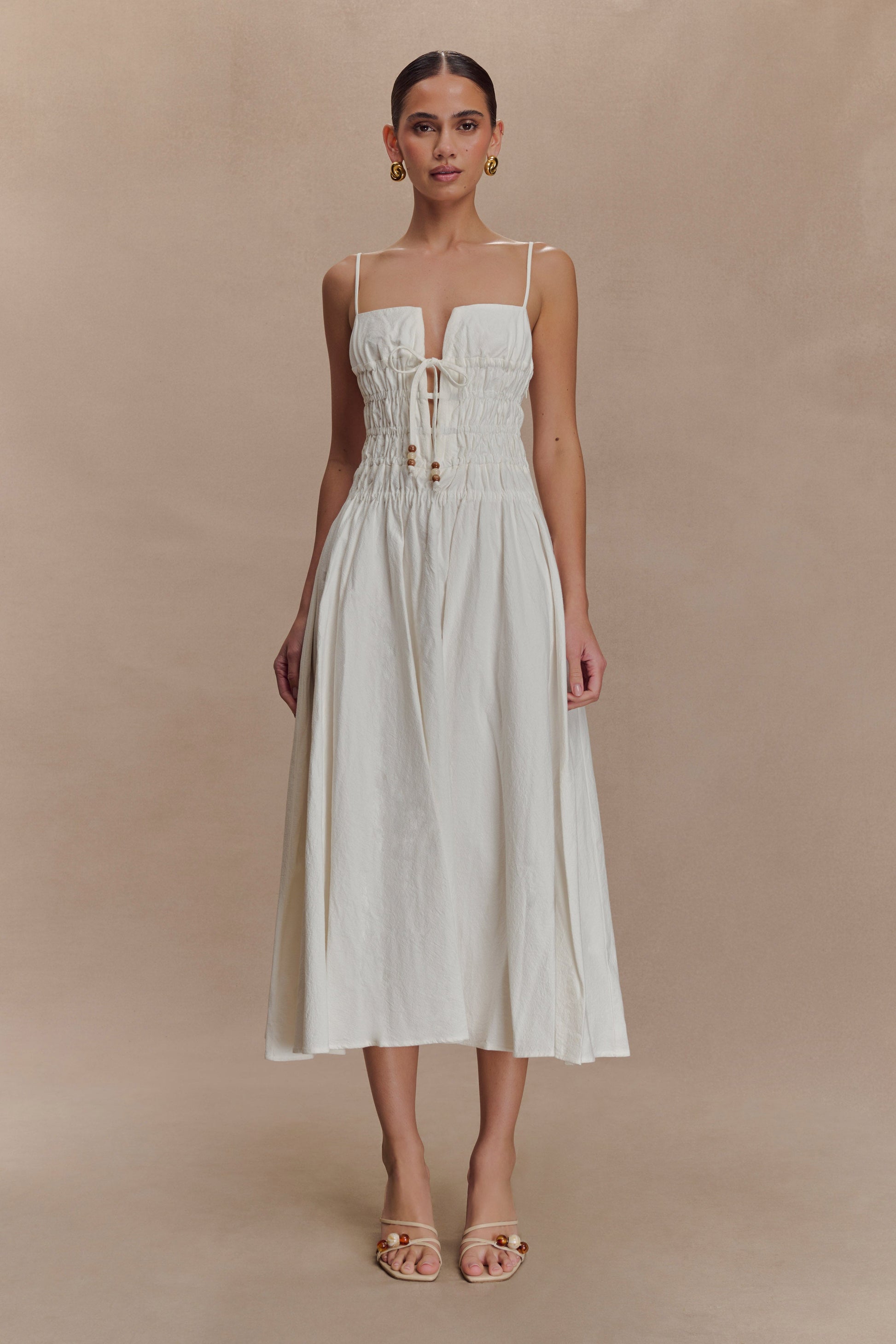 Elias Shirred Cotton Midi Dress - White | MESHKI US Elias Shirred Cotton Midi Dress - White | MESHKI US