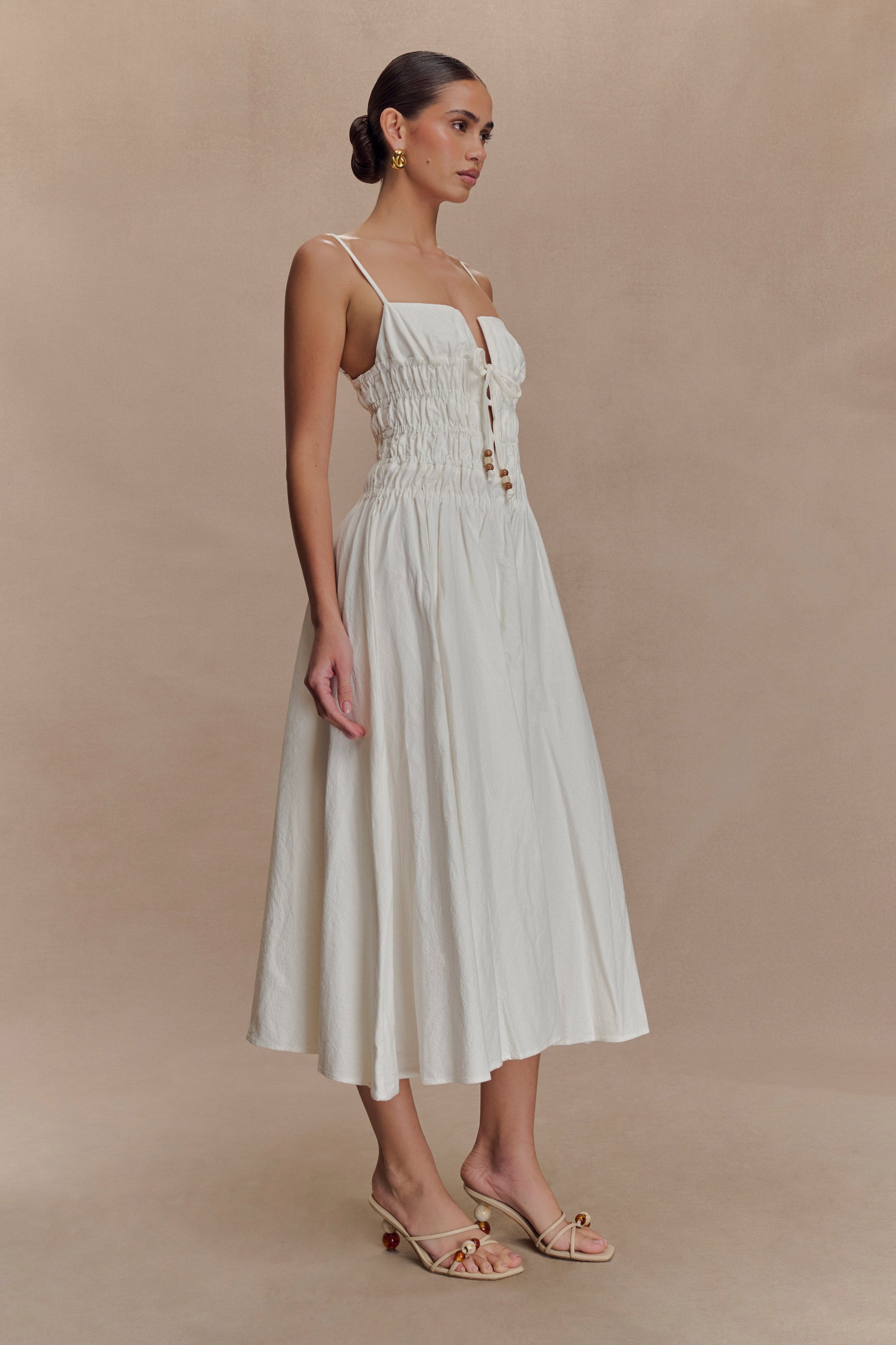 Elias Shirred Cotton Midi Dress - White | MESHKI US Elias Shirred Cotton Midi Dress - White | MESHKI US