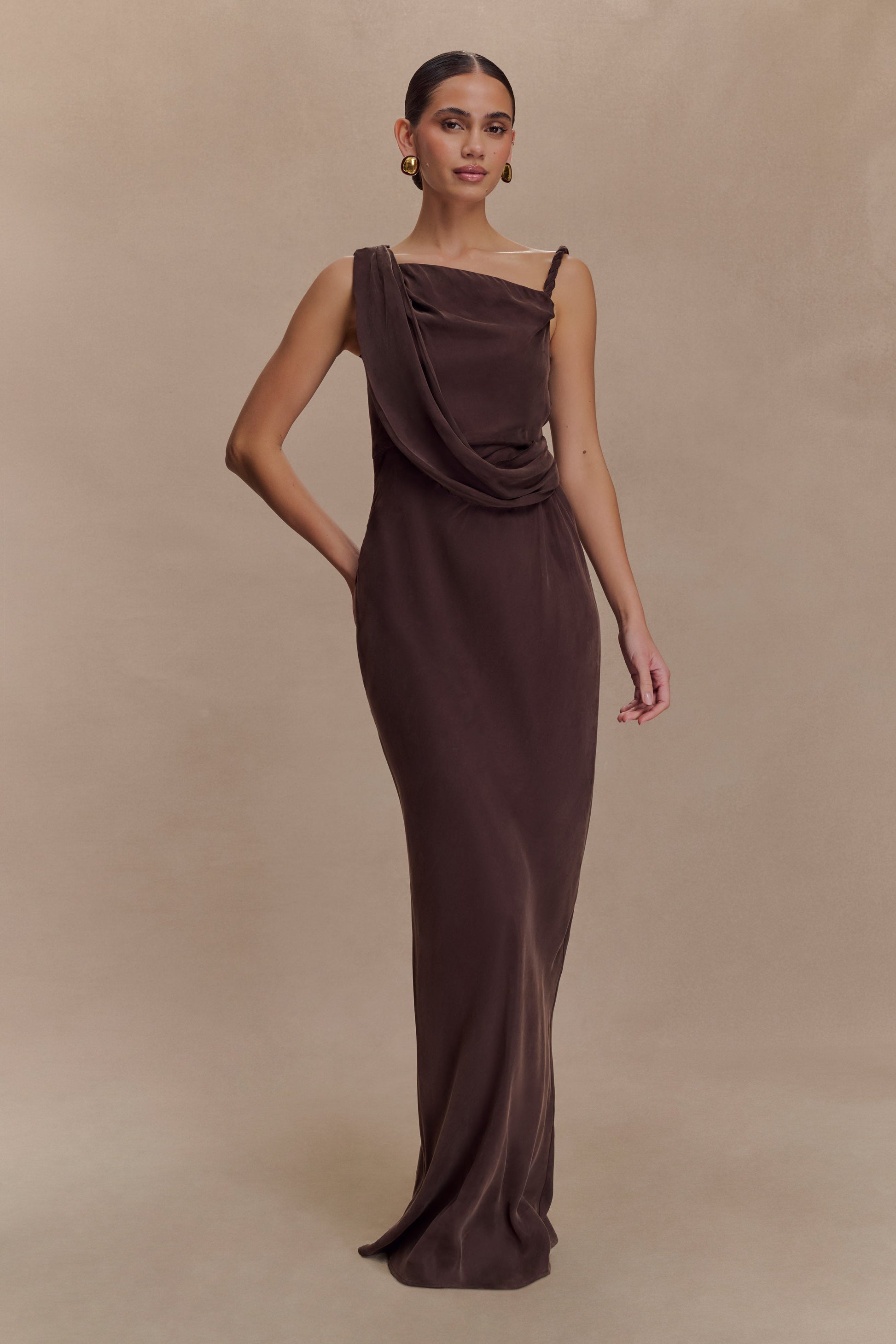 Lorieanne Draped Maxi Dress / Dark Chocolate | MESHKI