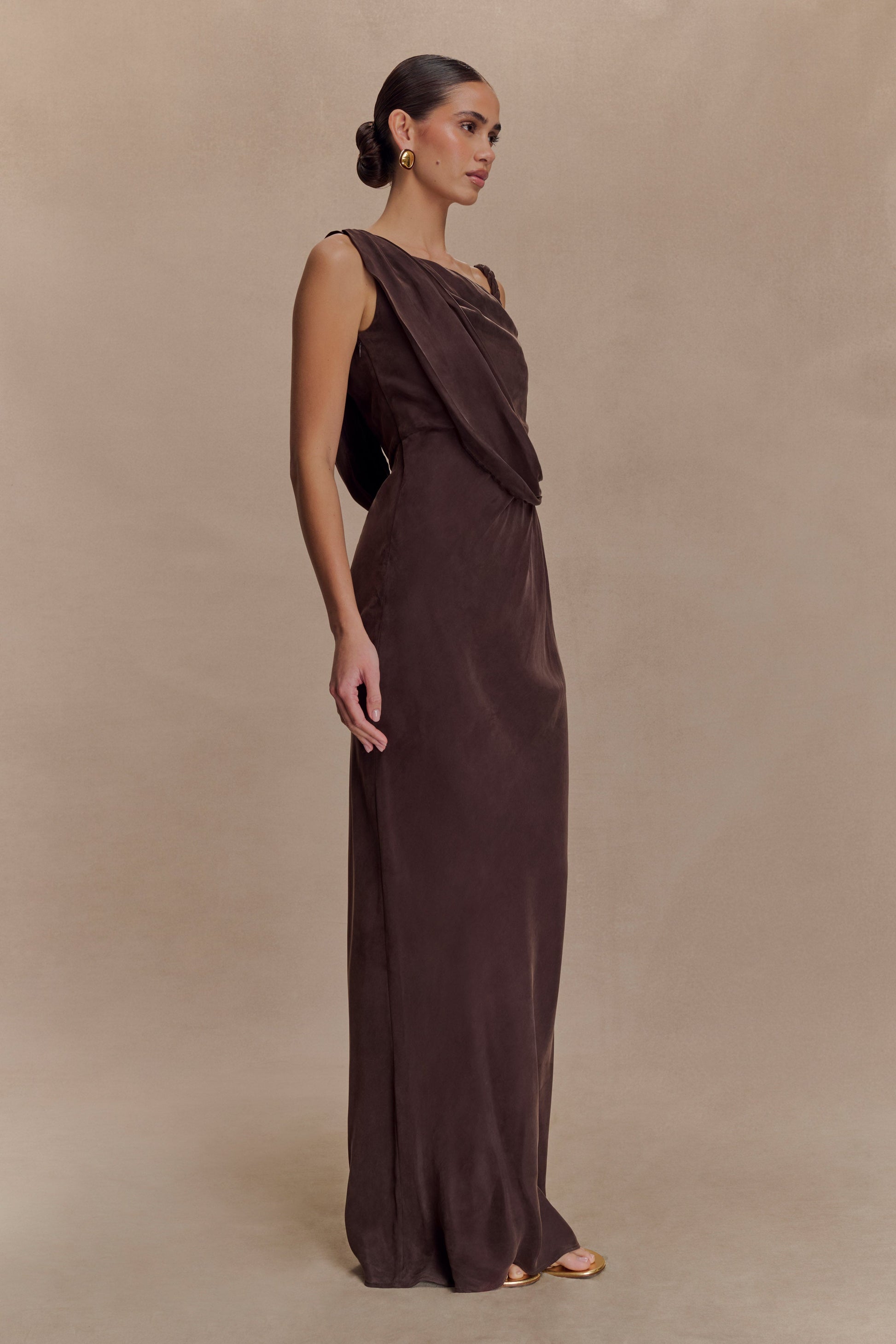 Lorieanne Draped Maxi Dress / Dark Chocolate | MESHKI