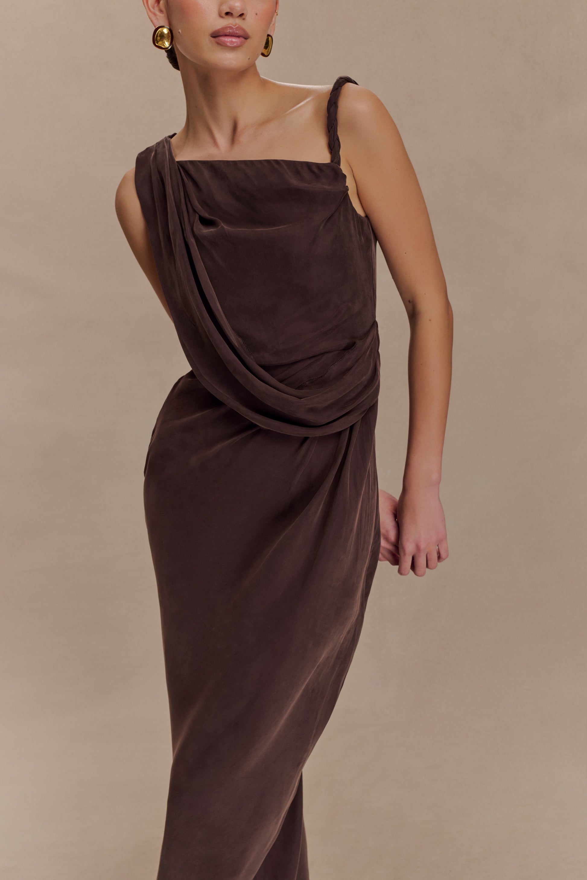 Lorieanne Draped Maxi Dress / Dark Chocolate | MESHKI
