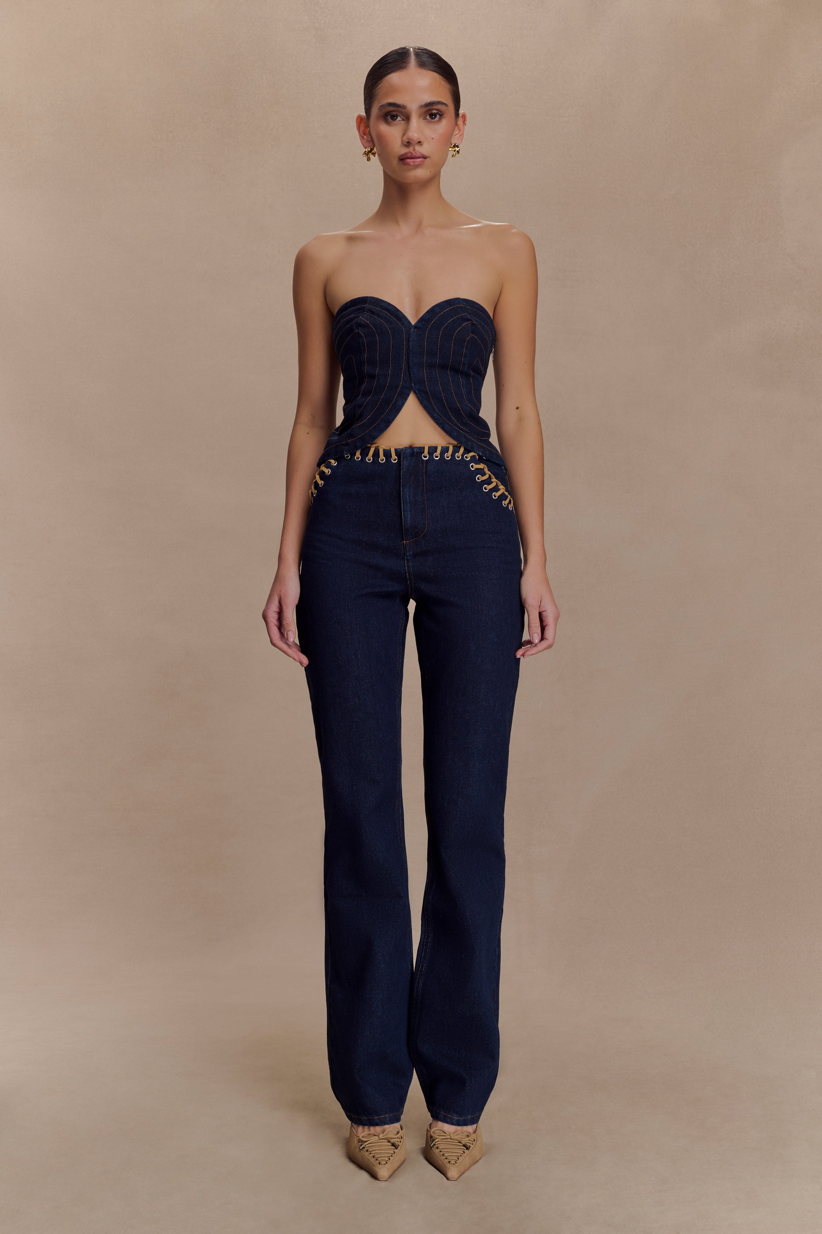 Tully Strapless Topstitch Denim Top - Indigo Blue | MESHKI US