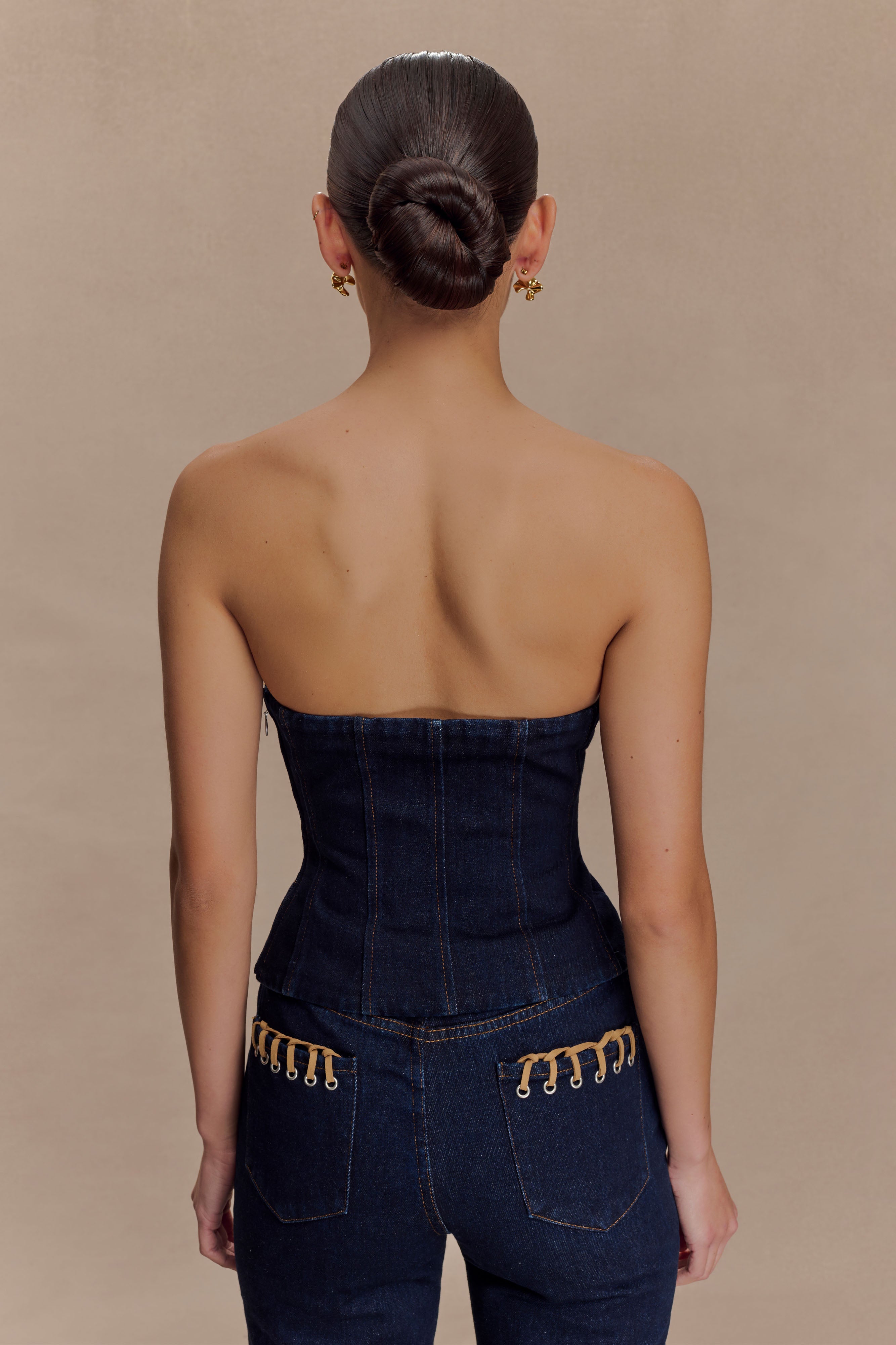 Tully Strapless Topstitch Denim Top - Indigo Blue | MESHKI US