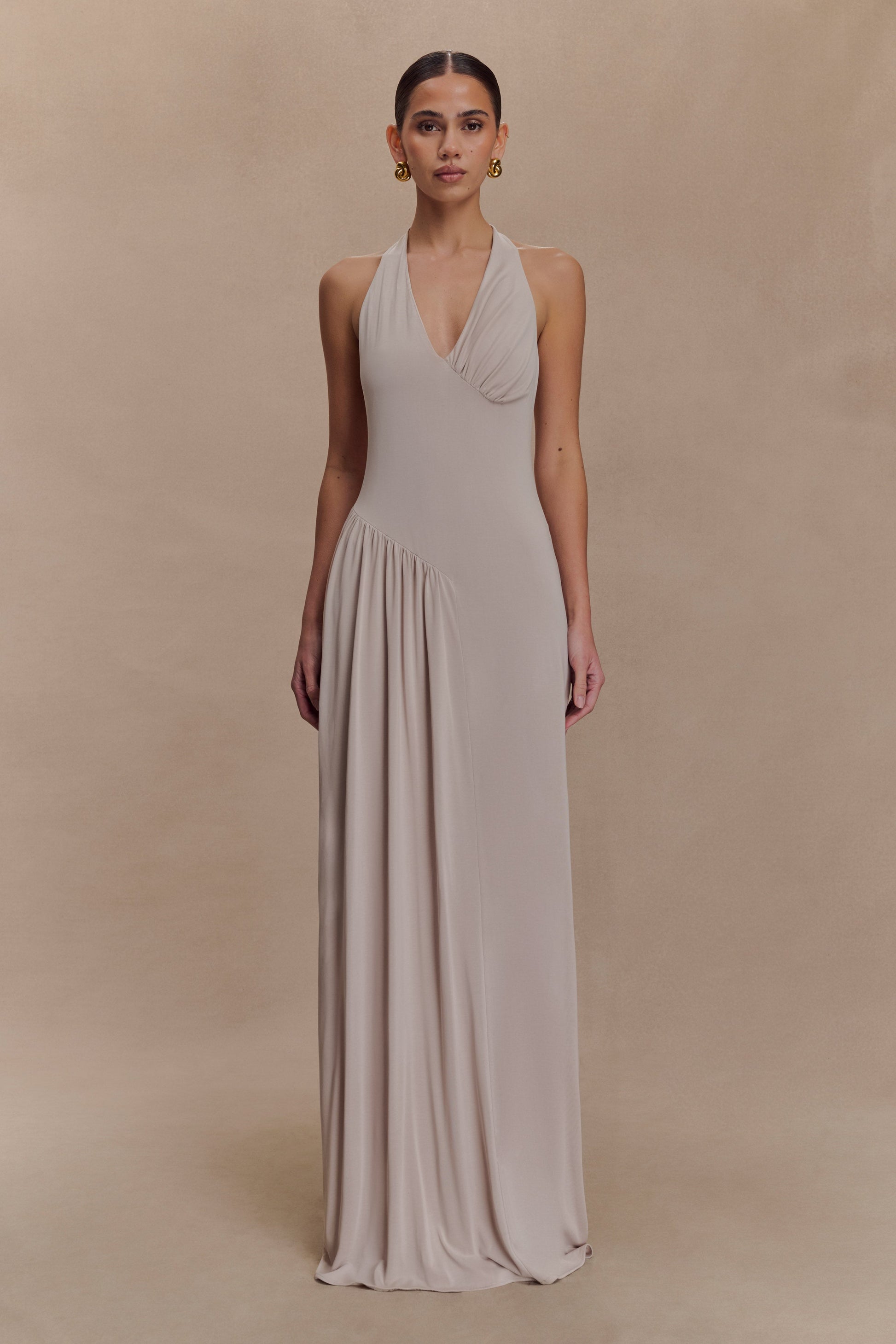 Yelena Ruched Halter Maxi Dress / Taupe | MESHKI | XL Yelena Ruched Halter Maxi Dress / Taupe | MESHKI | XL