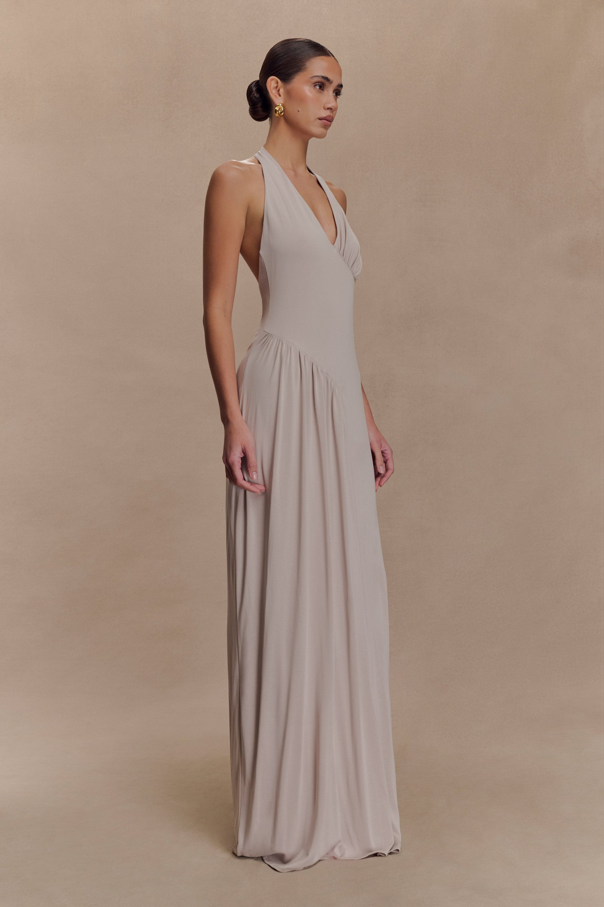 Yelena Ruched Halter Maxi Dress / Taupe | MESHKI | XL Yelena Ruched Halter Maxi Dress / Taupe | MESHKI | XL