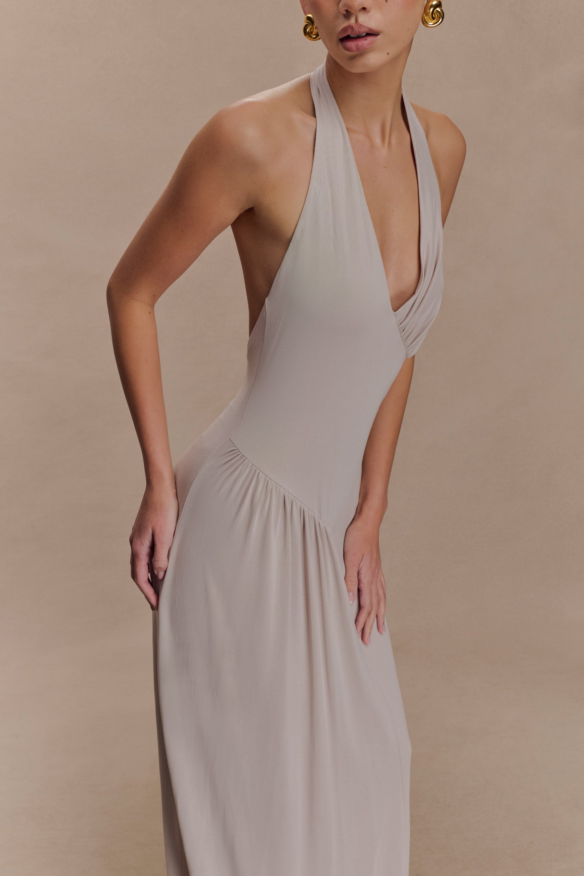 Yelena Ruched Halter Maxi Dress - Taupe | MESHKI US Yelena Ruched Halter Maxi Dress - Taupe | MESHKI US