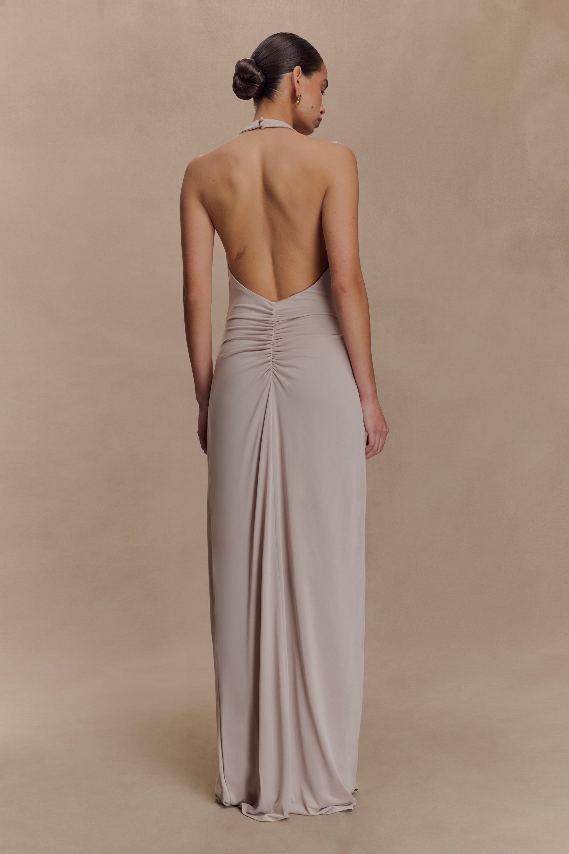 Yelena Ruched Halter Maxi Dress - Taupe | MESHKI US Yelena Ruched Halter Maxi Dress - Taupe | MESHKI US