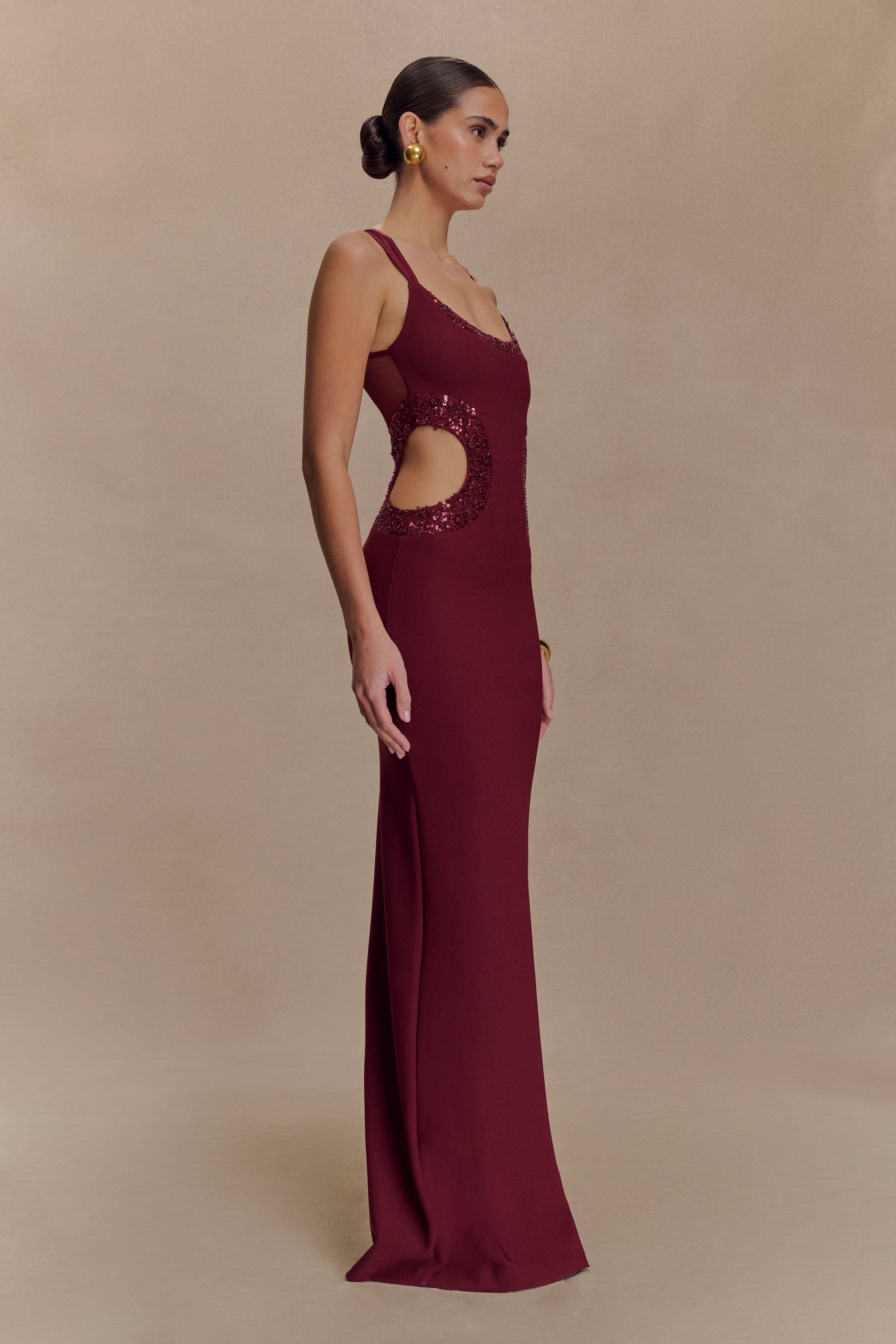 Angelique Beaded Crepe Maxi Dress / Wine | MESHKI | L Angelique Beaded Crepe Maxi Dress / Wine | MESHKI | L