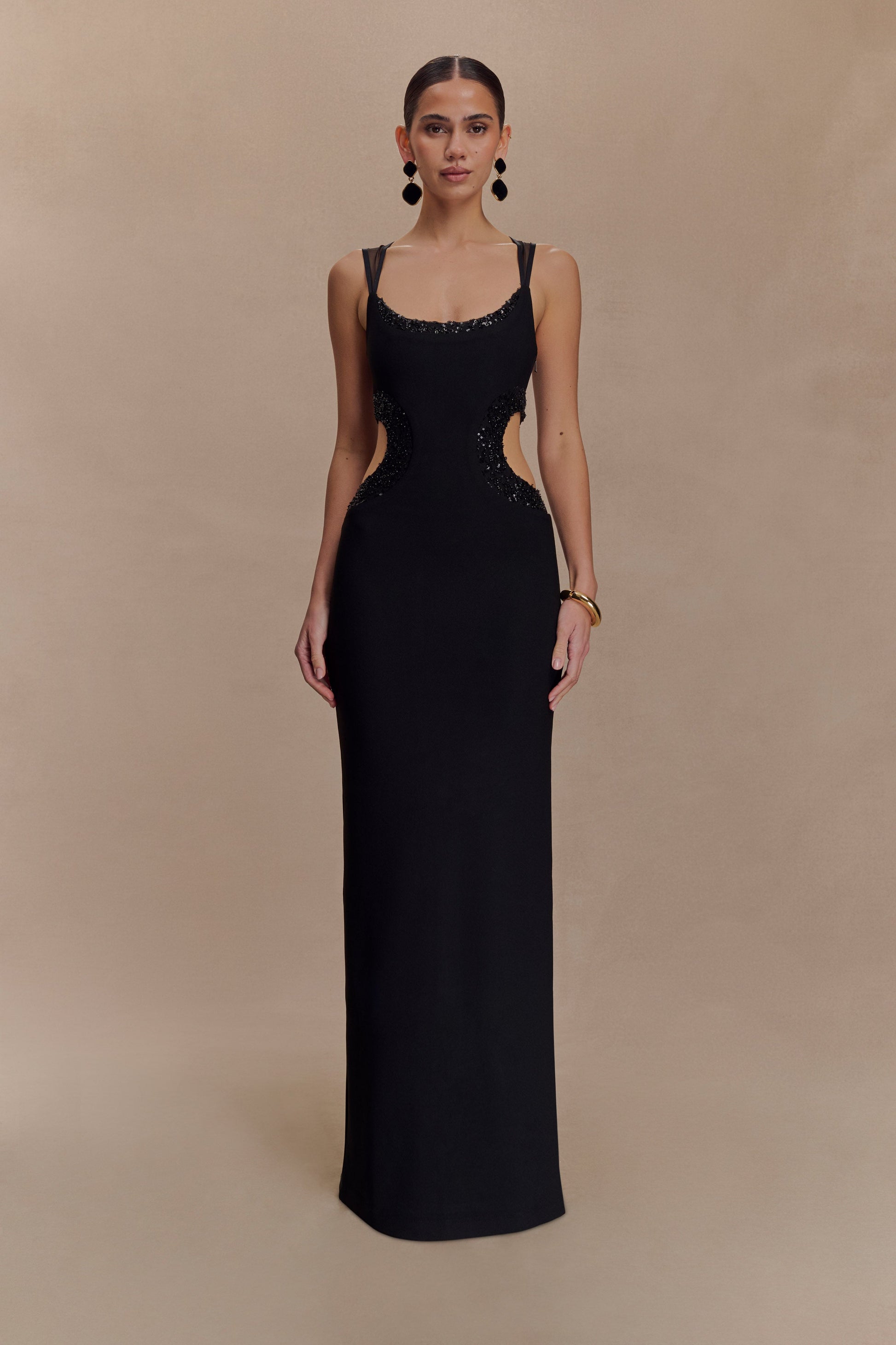 Angelique Beaded Crepe Maxi Dress / Black | MESHKI