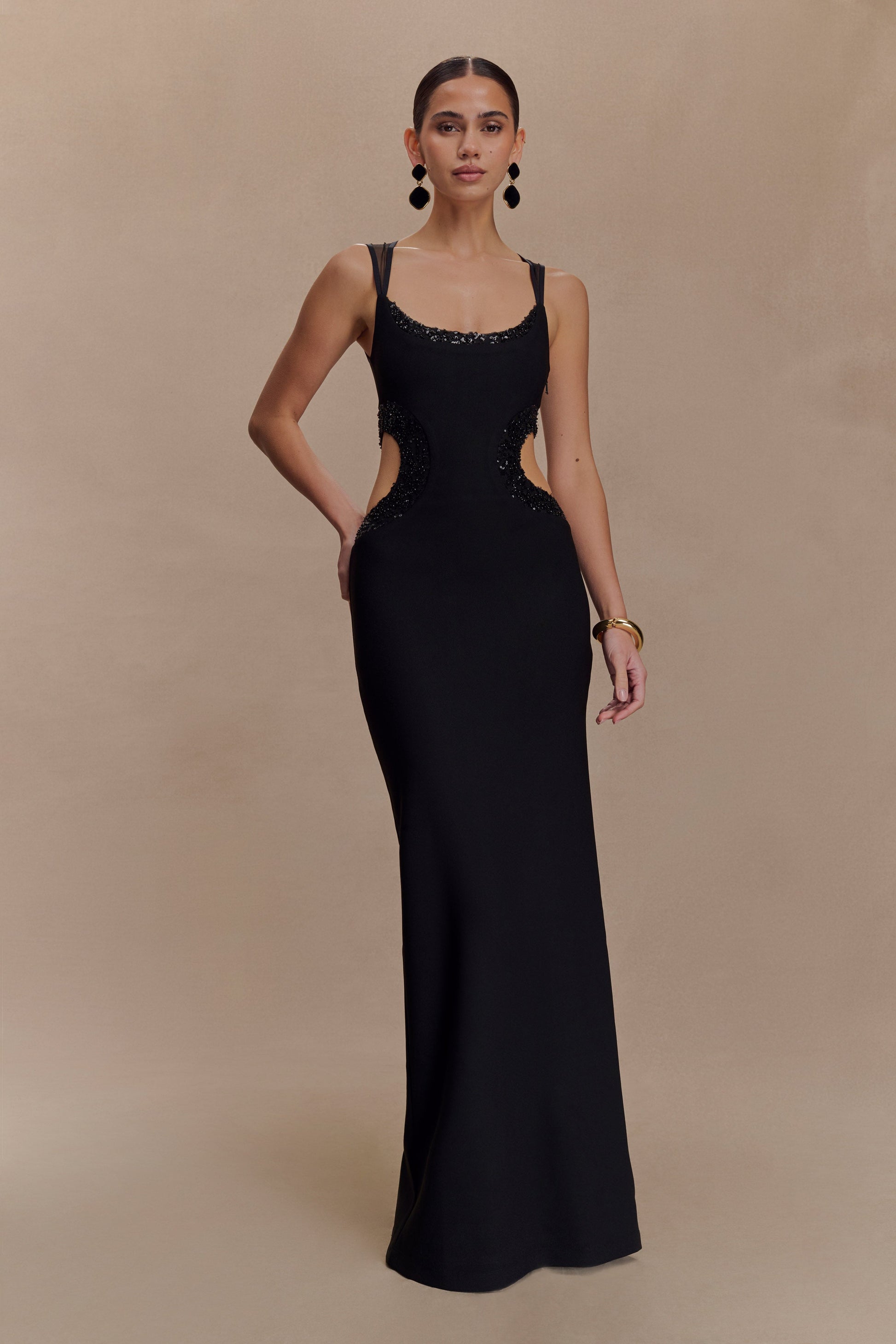 Angelique Beaded Crepe Maxi Dress / Black | MESHKI