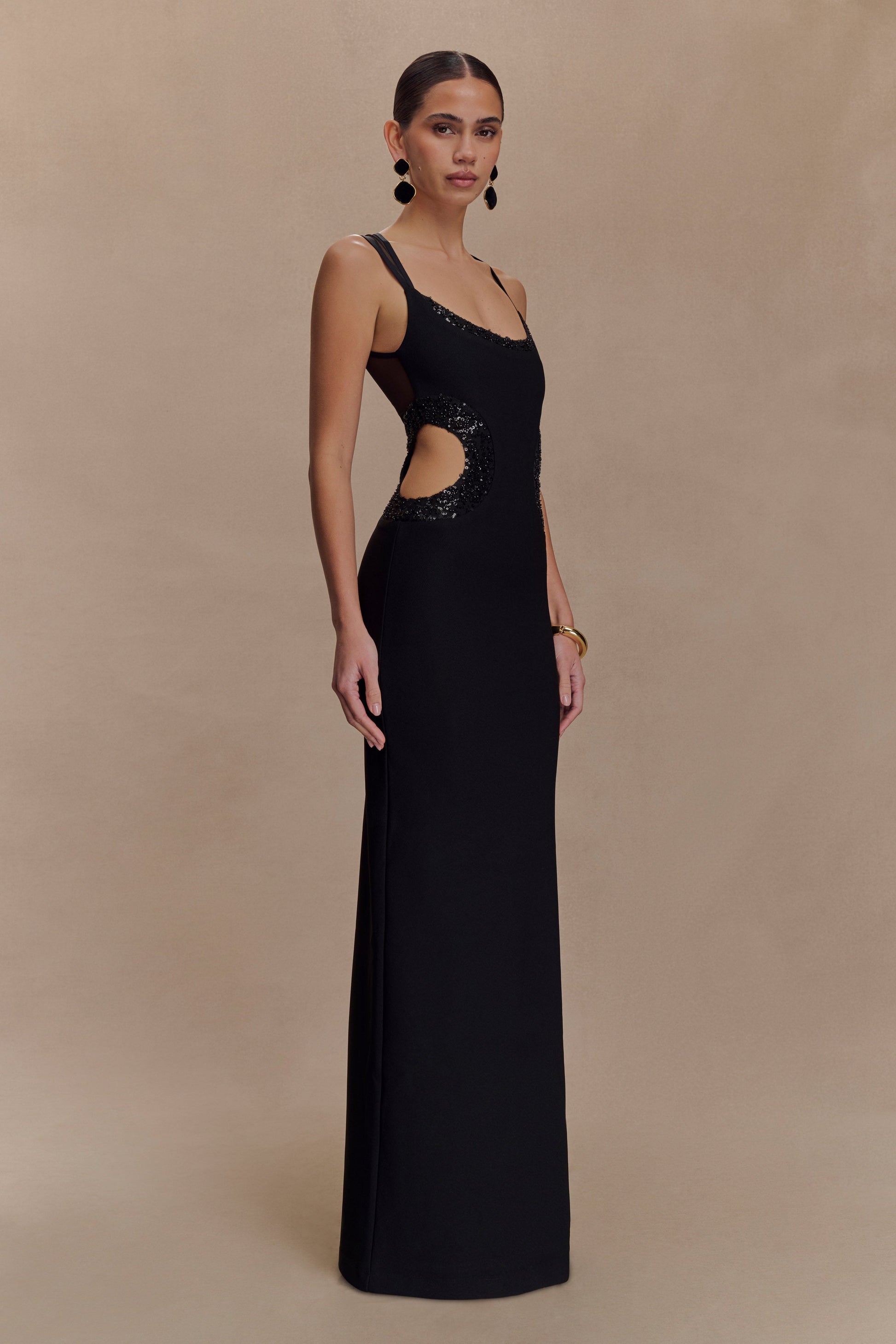 Angelique Beaded Crepe Maxi Dress / Black | MESHKI