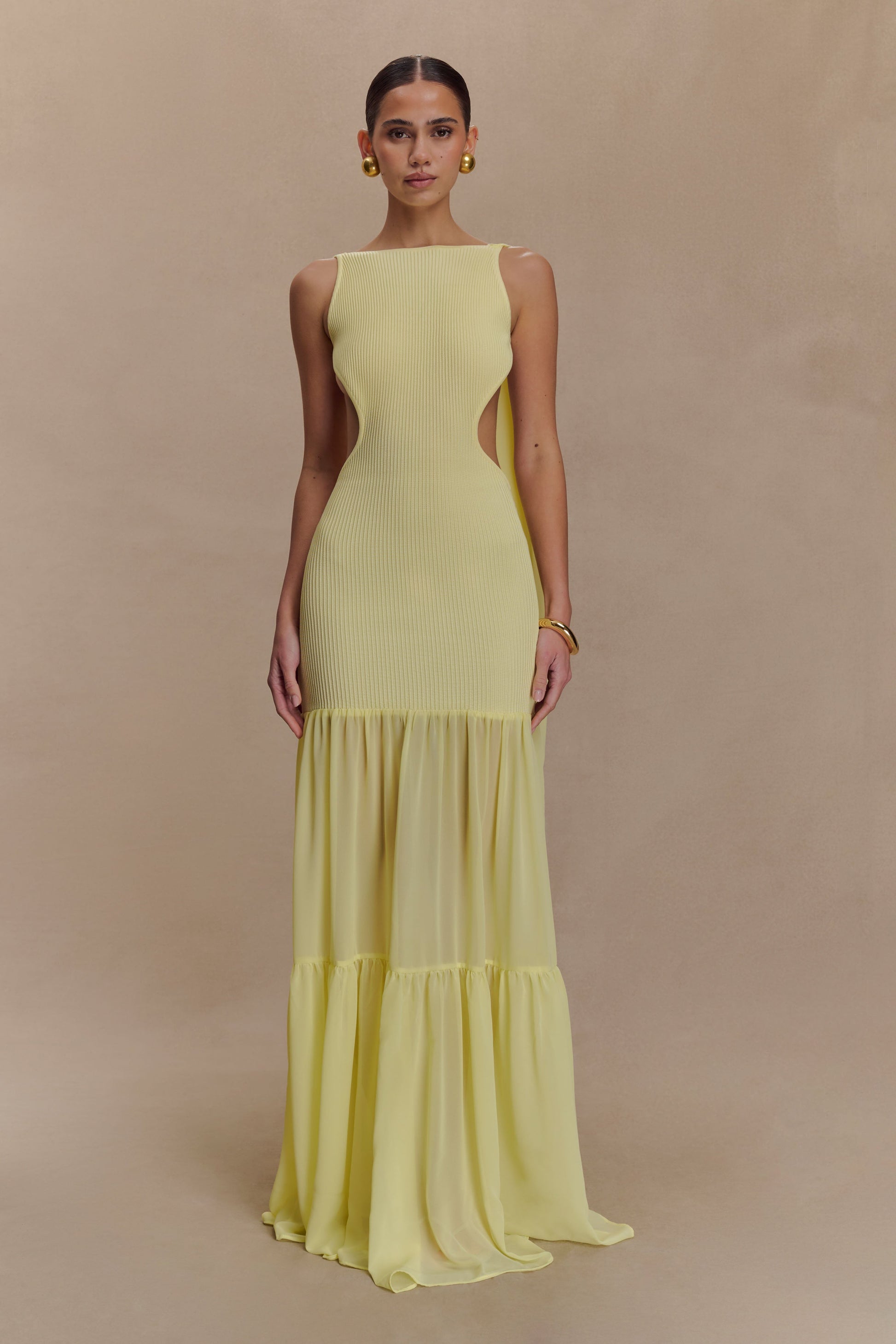 Haille Knit Chiffon Maxi Dress / Lemon | MESHKI | L Haille Knit Chiffon Maxi Dress / Lemon | MESHKI | L