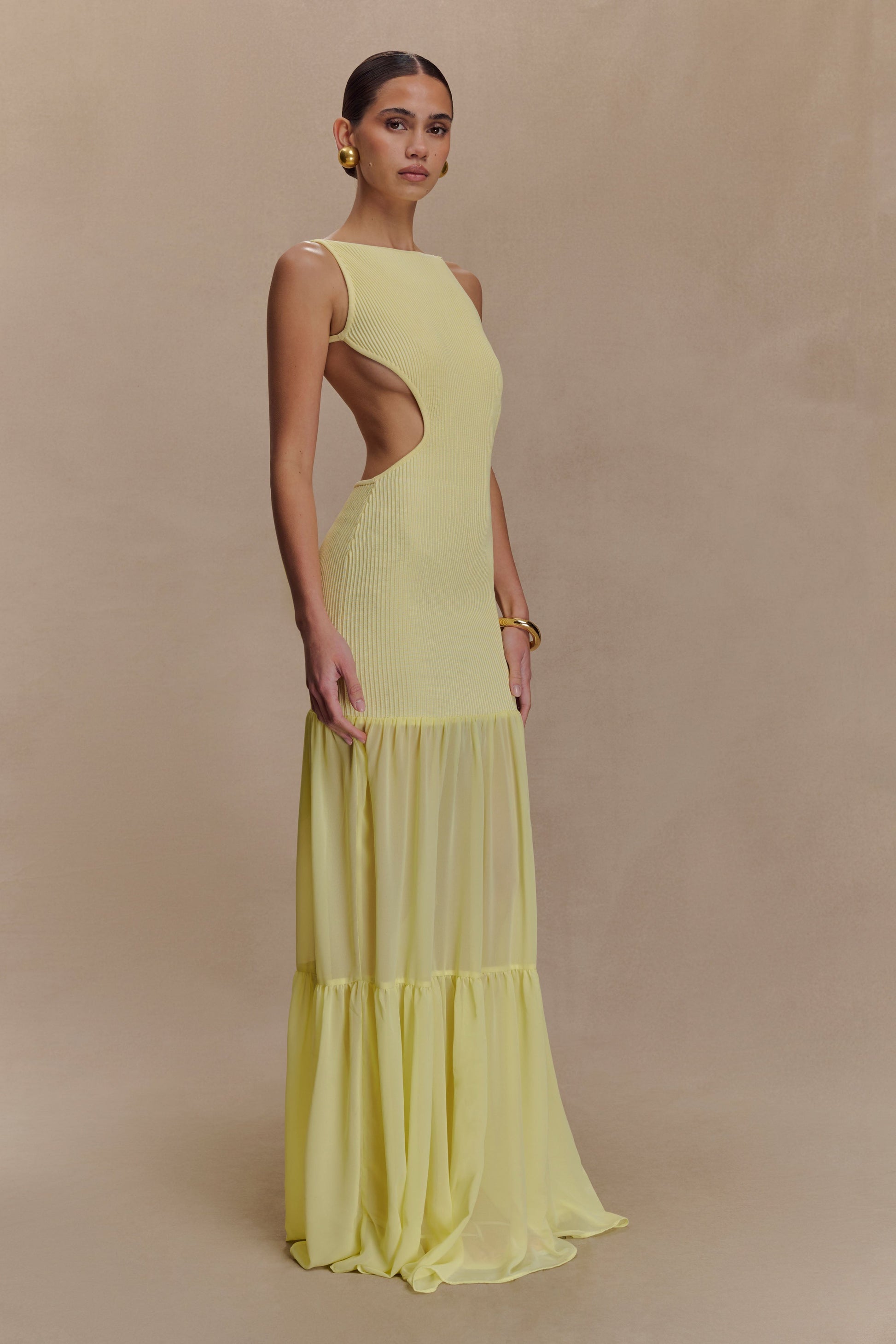 Haille Knit Chiffon Maxi Dress / Lemon | MESHKI