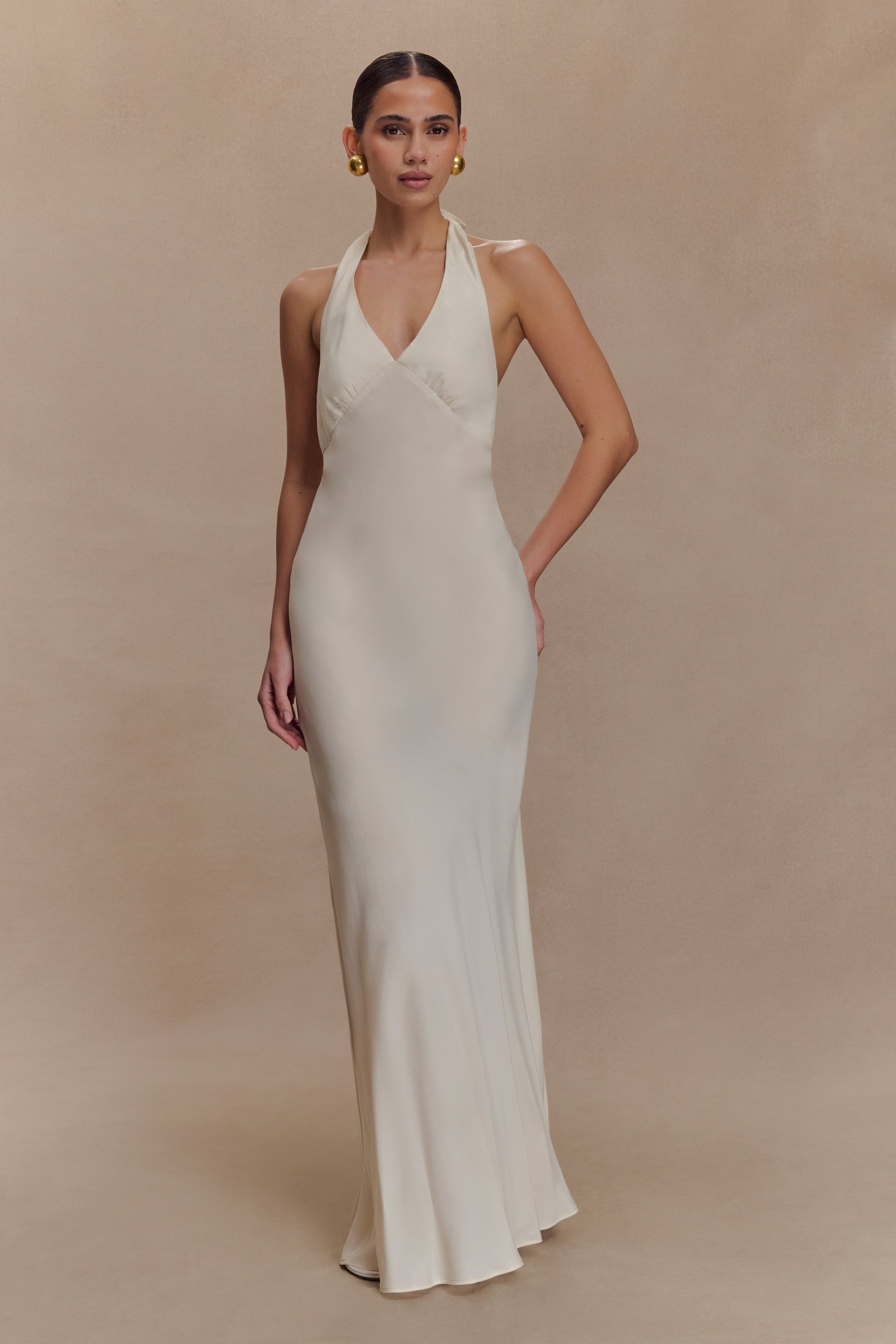 maxi halter dress SNDYS poplin linen-blend halterneck open back maxi dress in White