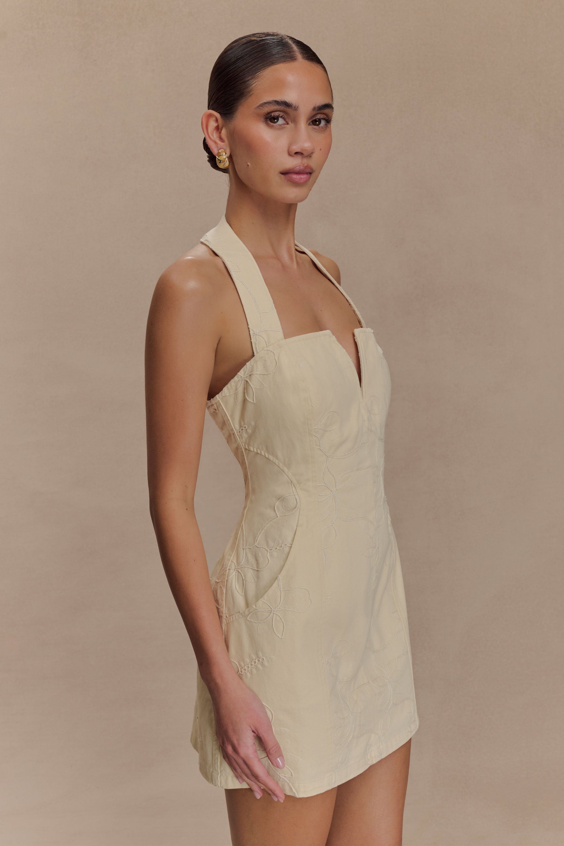 Ebony Embroidered Denim Mini Dress - Cream | MESHKI US Ebony Embroidered Denim Mini Dress - Cream | MESHKI US