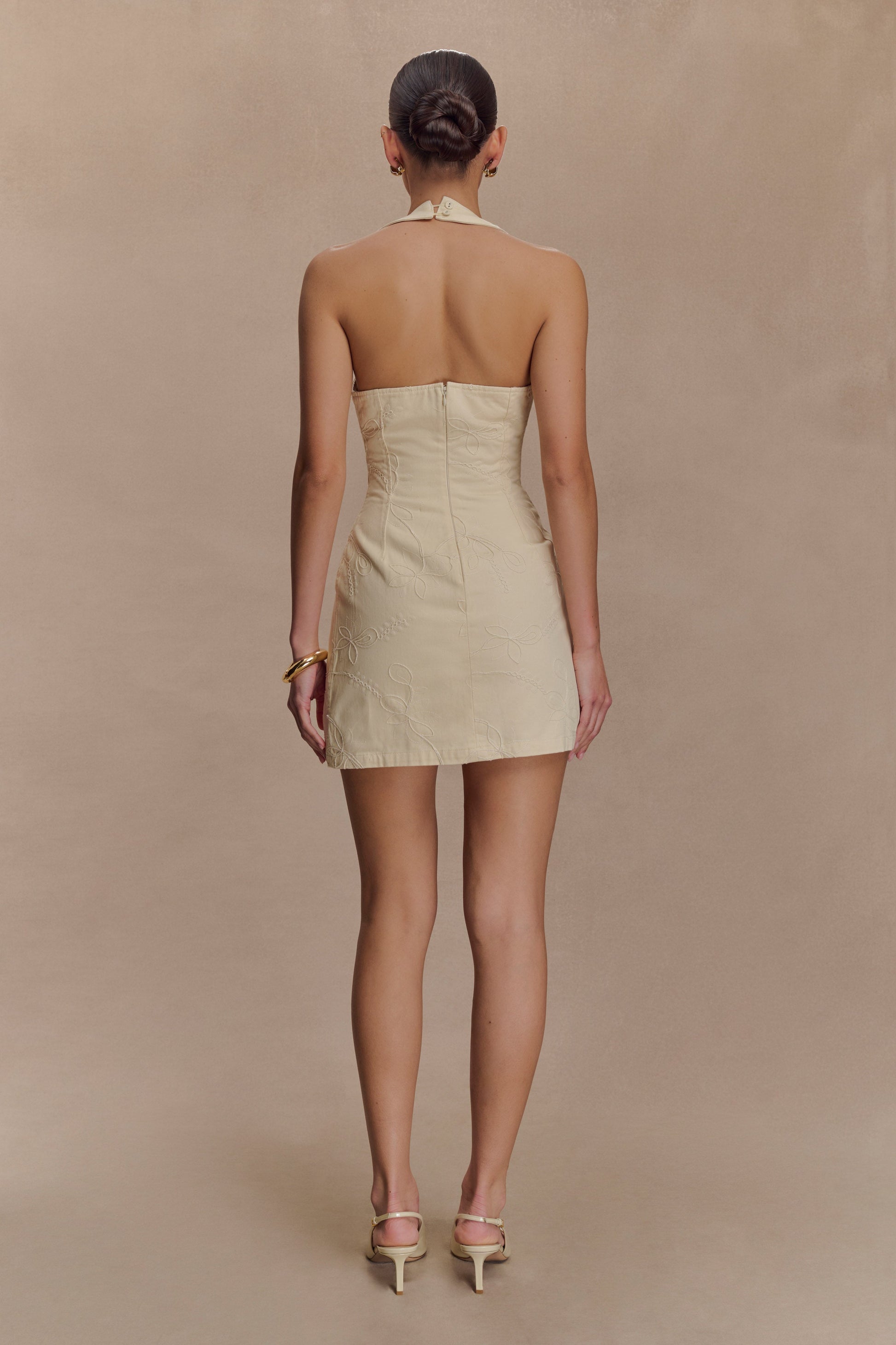 Ebony Embroidered Denim Mini Dress / Cream | MESHKI | XS Ebony Embroidered Denim Mini Dress / Cream | MESHKI | XS