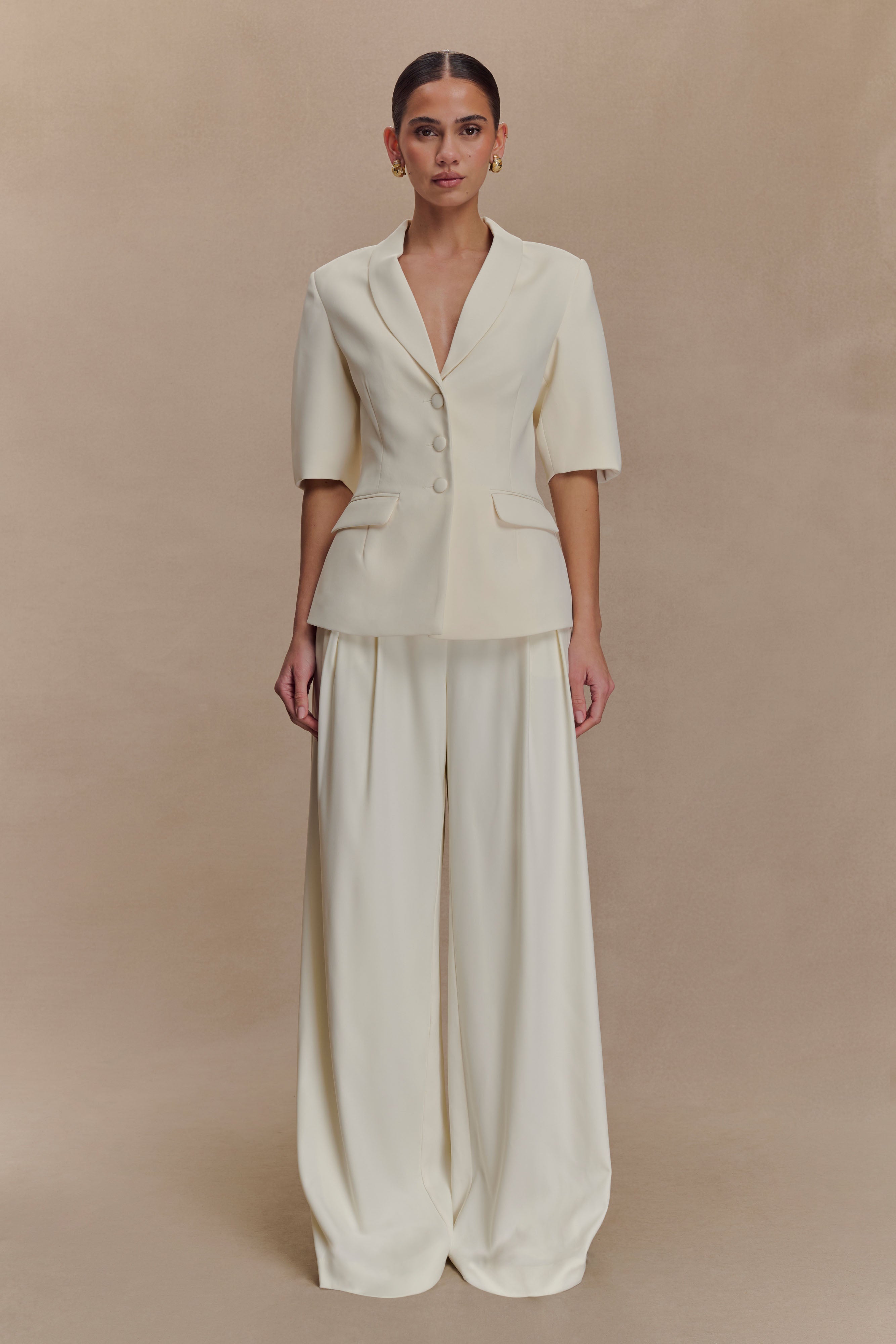 Opal Puff Sleeve Suiting Top - Ivory | MESHKI US