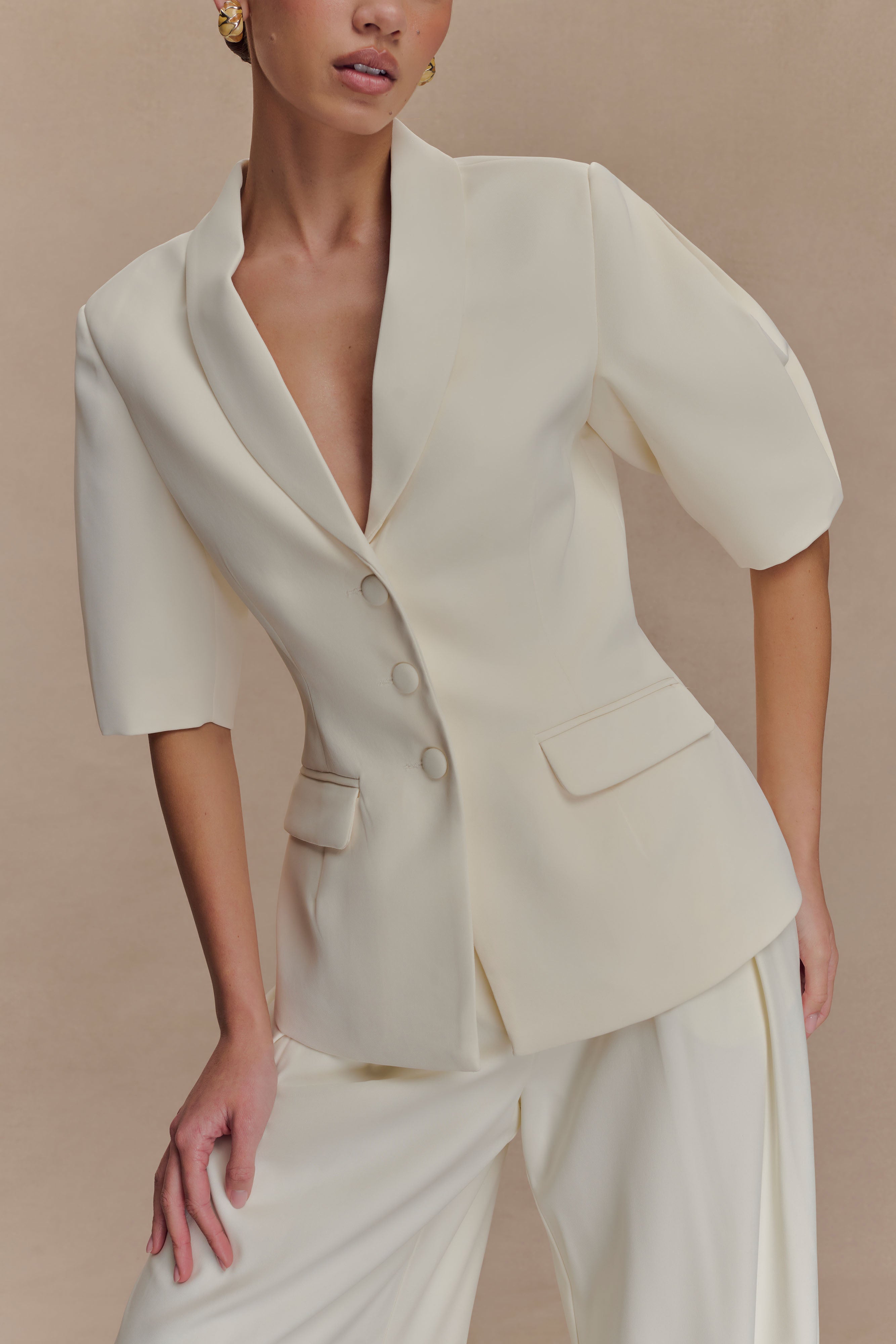 Opal Puff Sleeve Suiting Top - Ivory | MESHKI US
